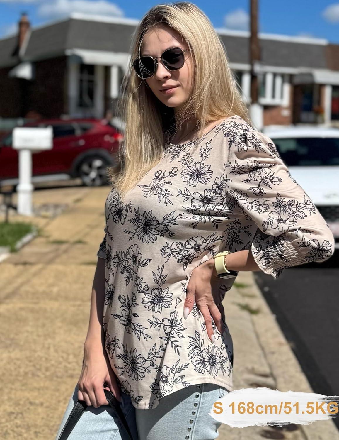 imageZeagoo 34 Length Sleeve Blouse Pleated Tops Tunics for Women Dressy Shirt Business CasualLatte Bloom