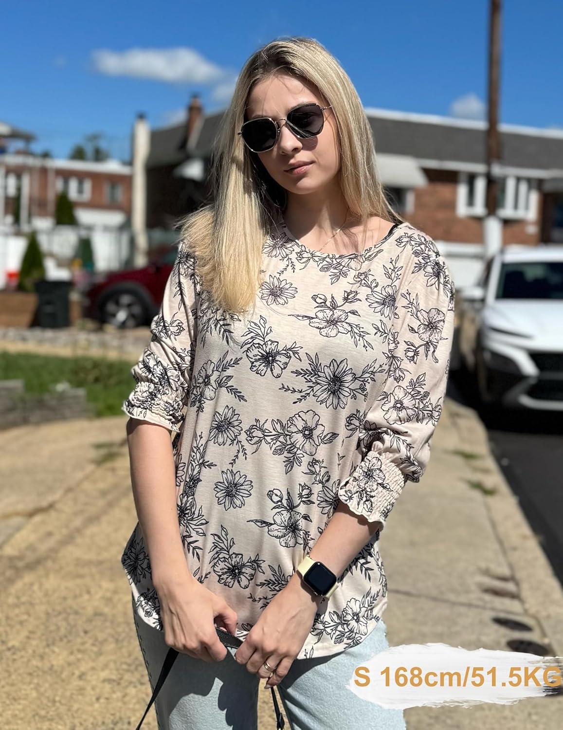 imageZeagoo 34 Length Sleeve Blouse Pleated Tops Tunics for Women Dressy Shirt Business CasualLatte Bloom
