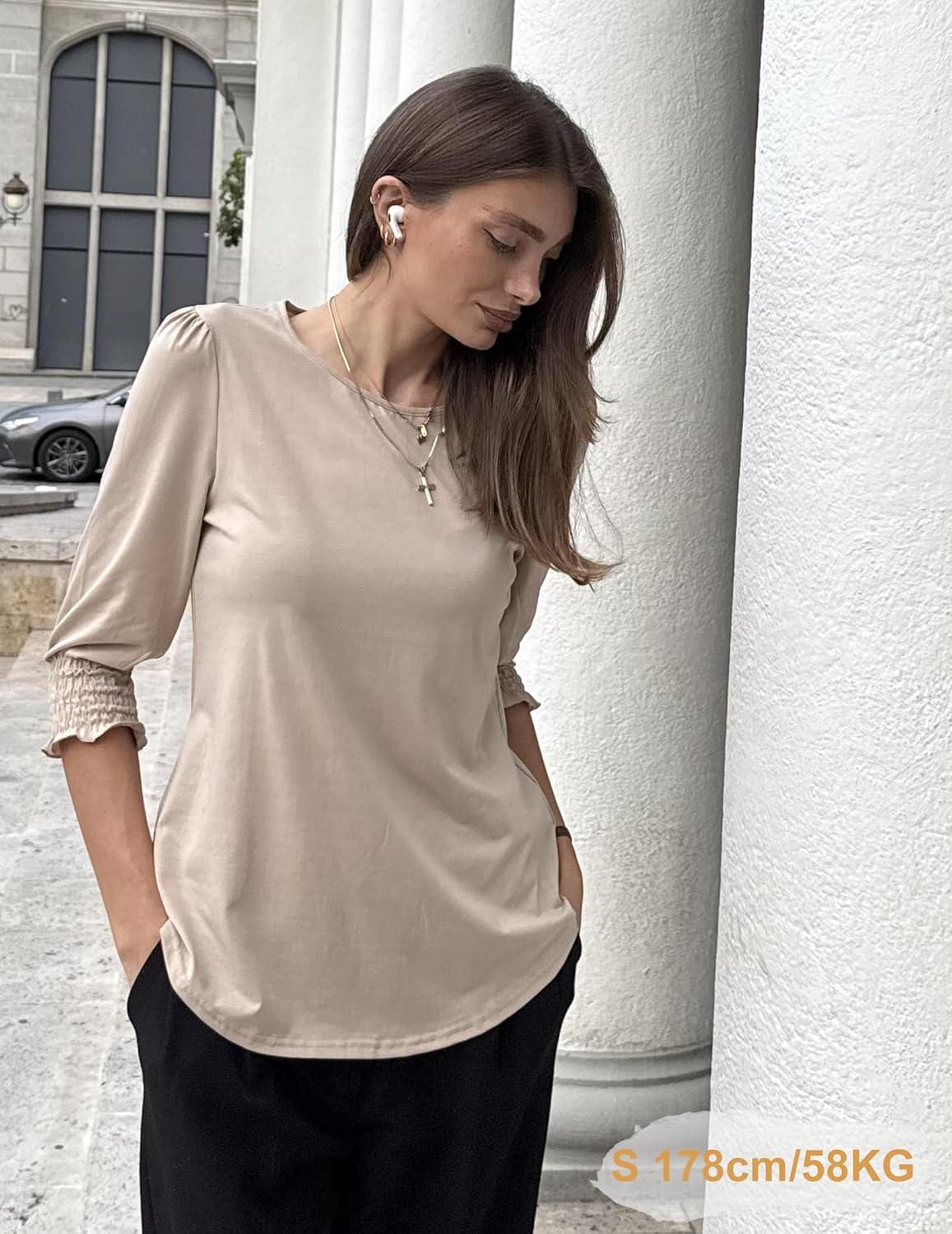 imageZeagoo 34 Length Sleeve Blouse Pleated Tops Tunics for Women Dressy Shirt Business CasualMoon Grey