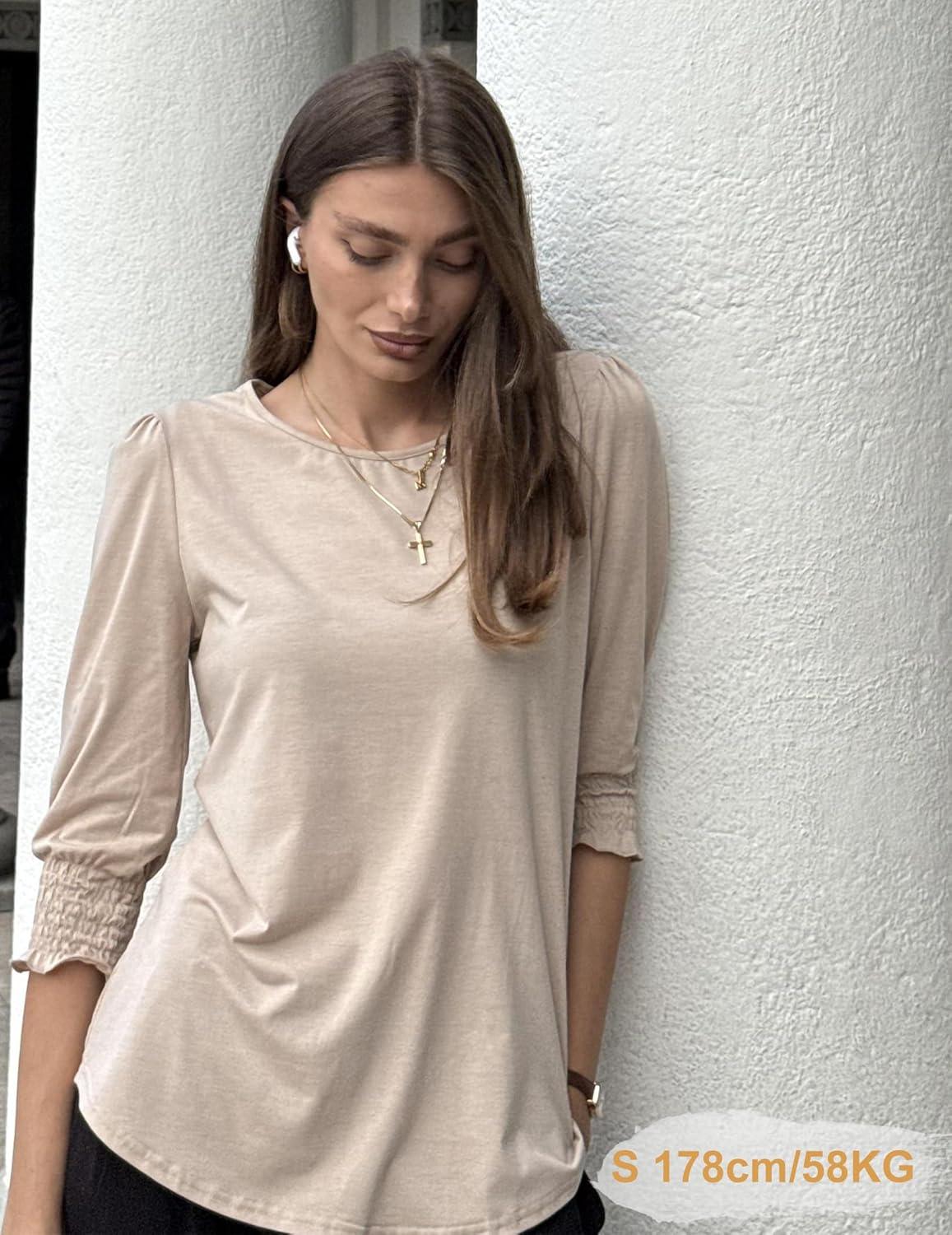 imageZeagoo 34 Length Sleeve Blouse Pleated Tops Tunics for Women Dressy Shirt Business CasualMoon Grey