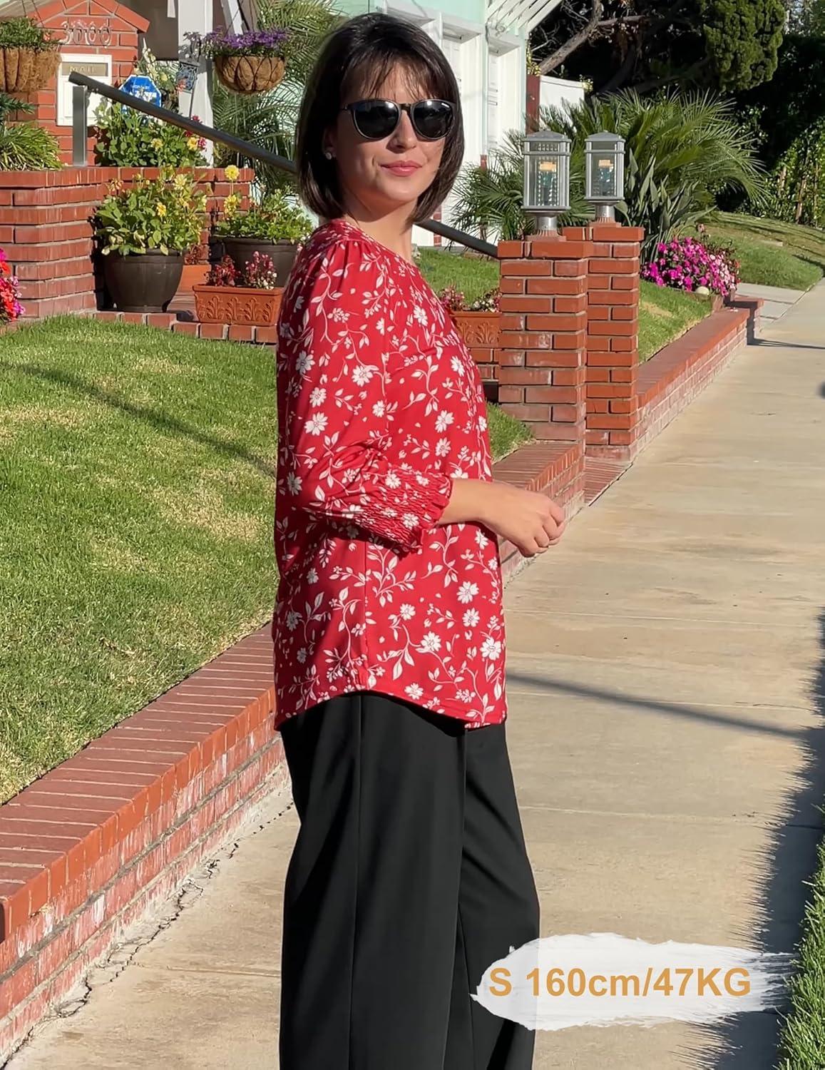 imageZeagoo 34 Length Sleeve Blouse Pleated Tops Tunics for Women Dressy Shirt Business CasualVintage Red Ditsy