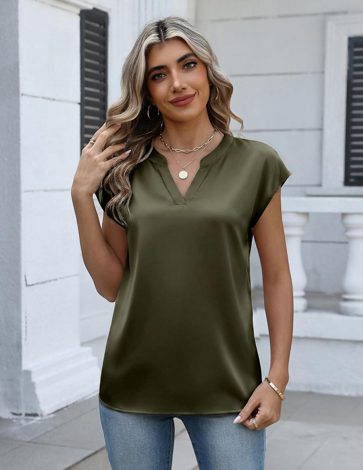 imageZeagoo Women Tops Silk Satin Blouses V Neck Summer Shirts Cap Sleeve Business Casual Dressy Spring ClothingArmy Green