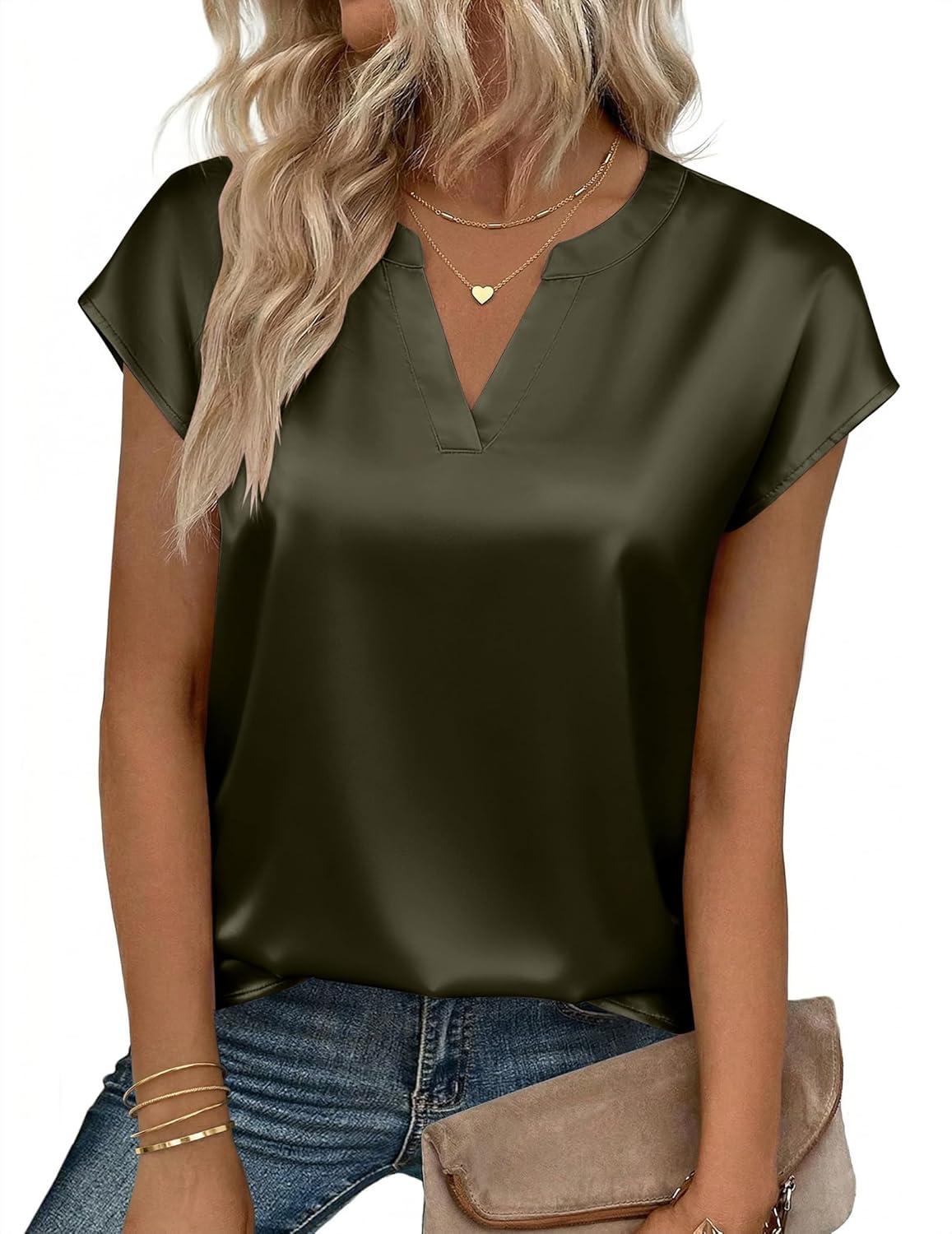 imageZeagoo Women Tops Silk Satin Blouses V Neck Summer Shirts Cap Sleeve Business Casual Dressy Spring ClothingArmy Green