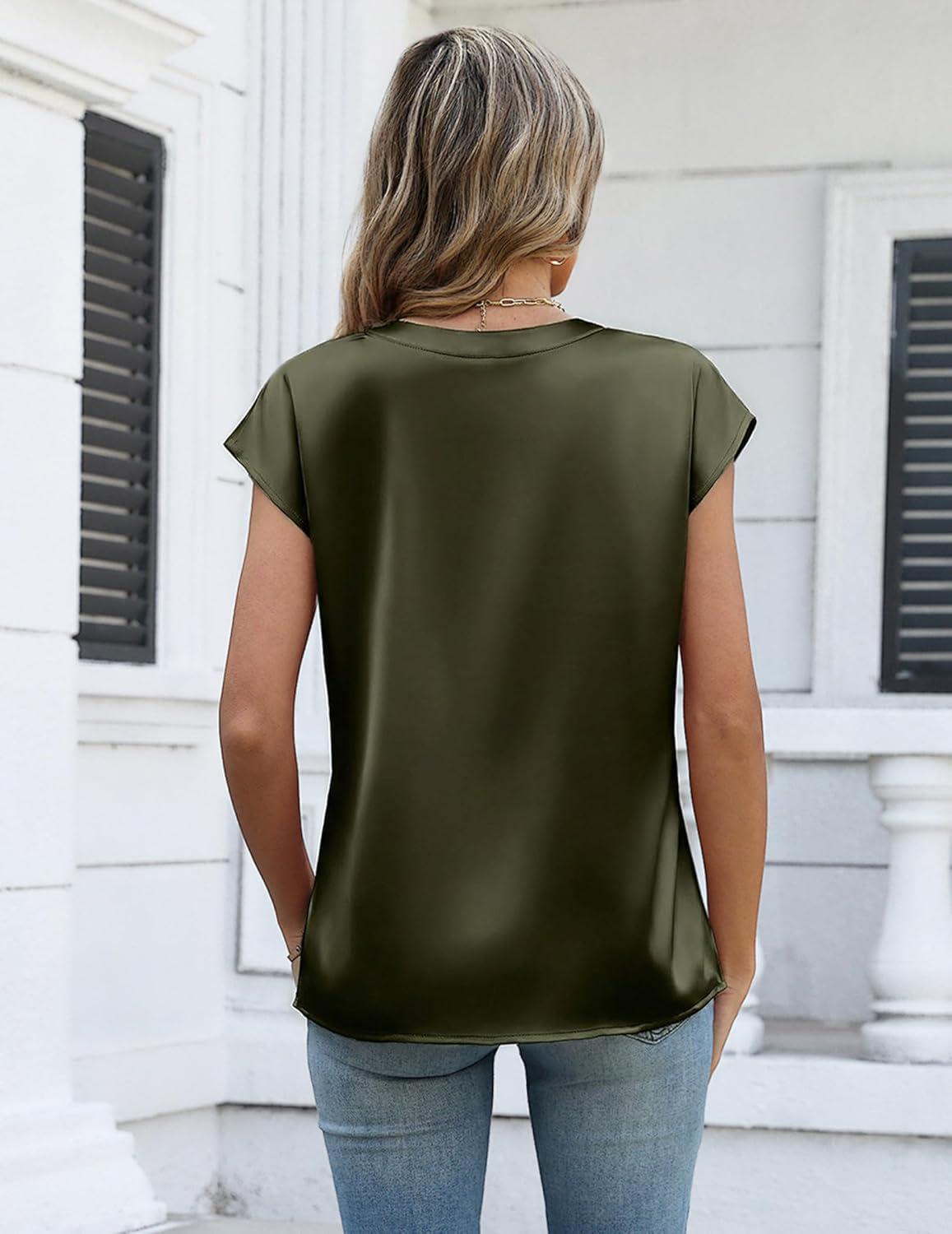 imageZeagoo Women Tops Silk Satin Blouses V Neck Summer Shirts Cap Sleeve Business Casual Dressy Spring ClothingArmy Green