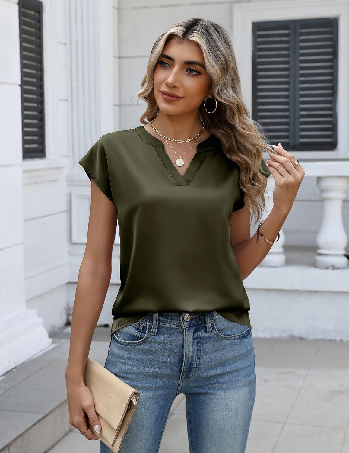 imageZeagoo Women Tops Silk Satin Blouses V Neck Summer Shirts Cap Sleeve Business Casual Dressy Spring ClothingArmy Green