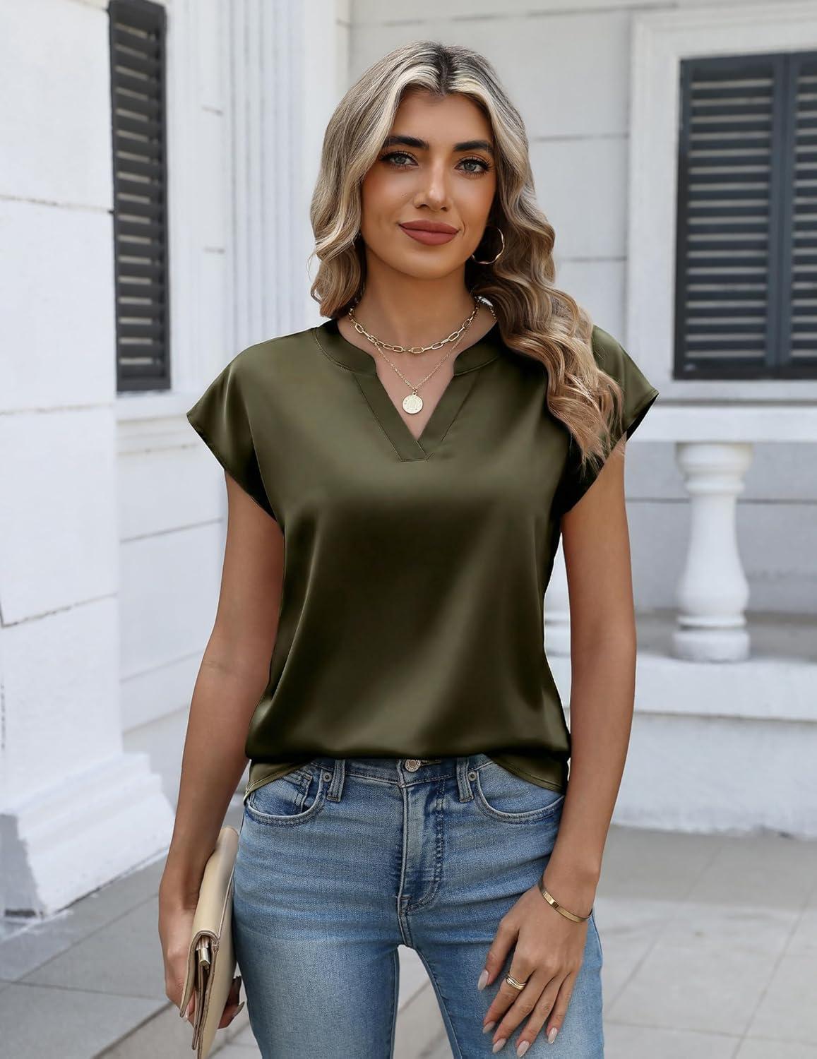 imageZeagoo Women Tops Silk Satin Blouses V Neck Summer Shirts Cap Sleeve Business Casual Dressy Spring ClothingArmy Green