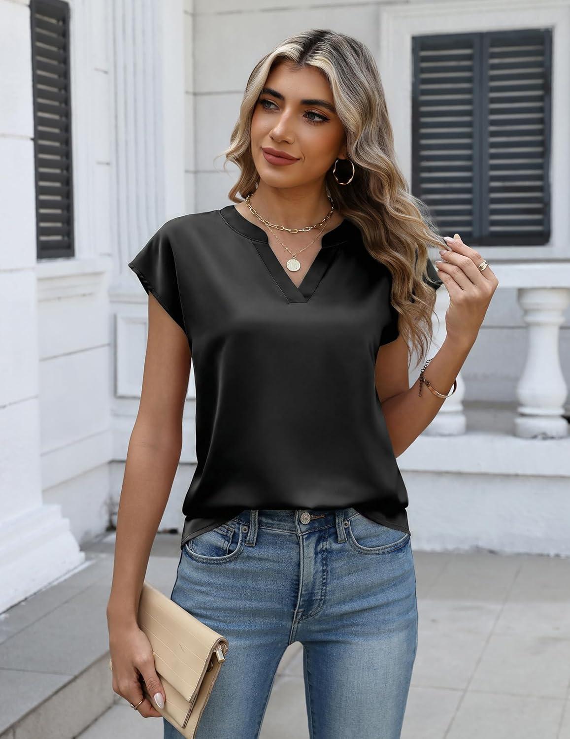 imageZeagoo Women Tops Silk Satin Blouses V Neck Summer Shirts Cap Sleeve Business Casual Dressy Spring ClothingBlack