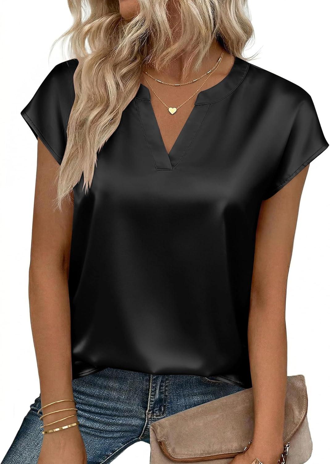 imageZeagoo Women Tops Silk Satin Blouses V Neck Summer Shirts Cap Sleeve Business Casual Dressy Spring ClothingBlack