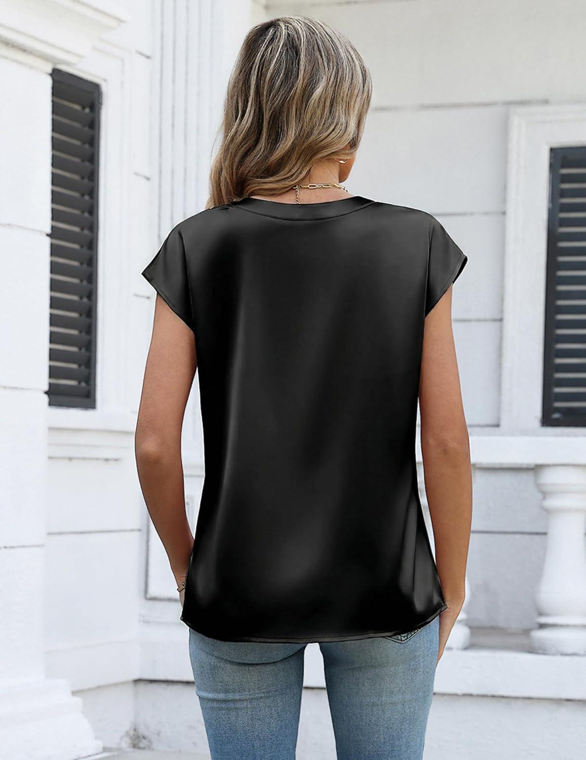 imageZeagoo Women Tops Silk Satin Blouses V Neck Summer Shirts Cap Sleeve Business Casual Dressy Spring ClothingBlack