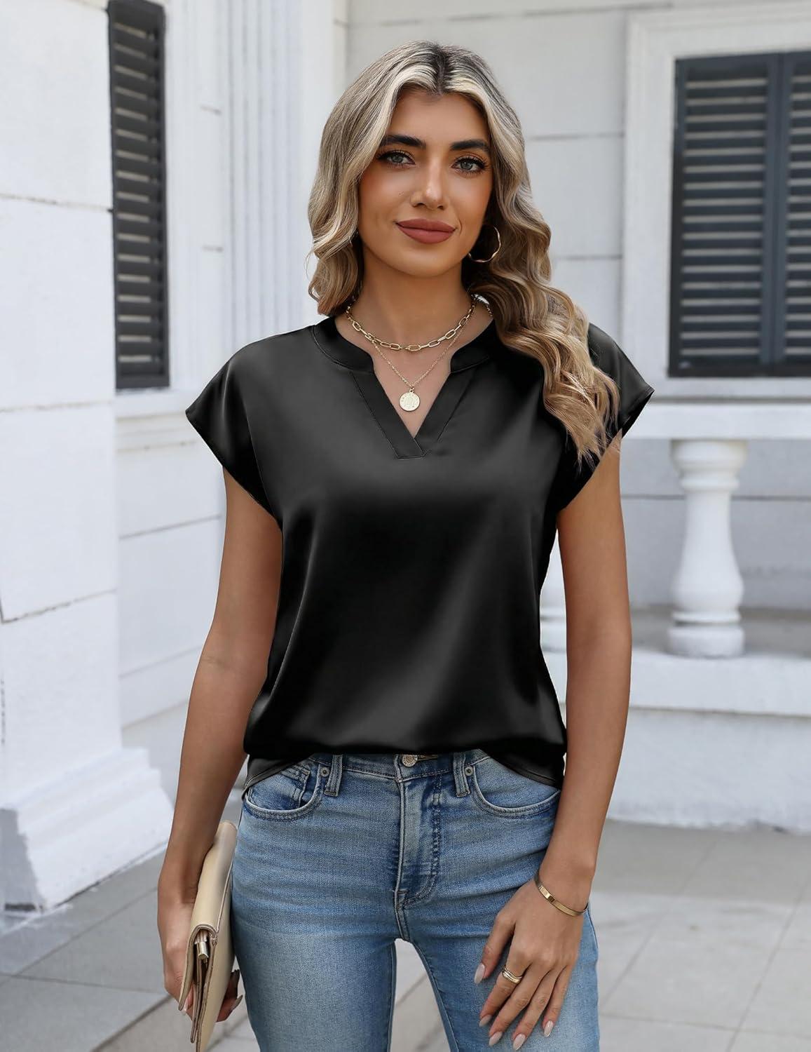 imageZeagoo Women Tops Silk Satin Blouses V Neck Summer Shirts Cap Sleeve Business Casual Dressy Spring ClothingBlack