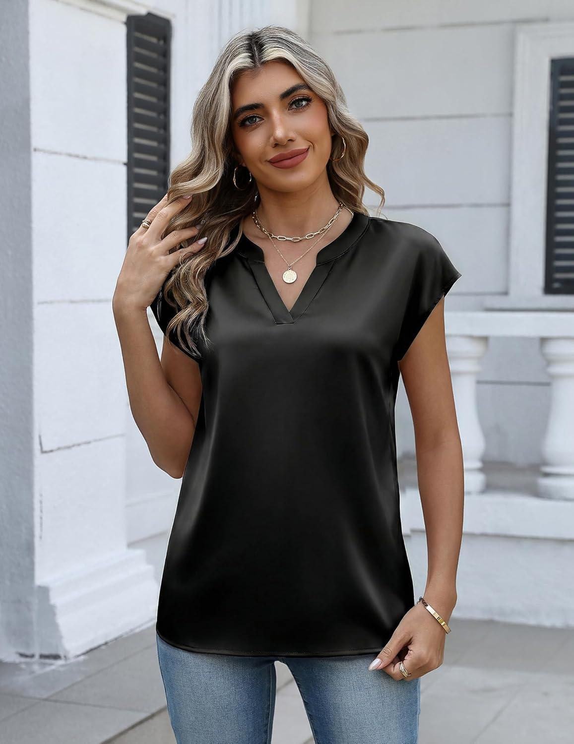 imageZeagoo Women Tops Silk Satin Blouses V Neck Summer Shirts Cap Sleeve Business Casual Dressy Spring ClothingBlack