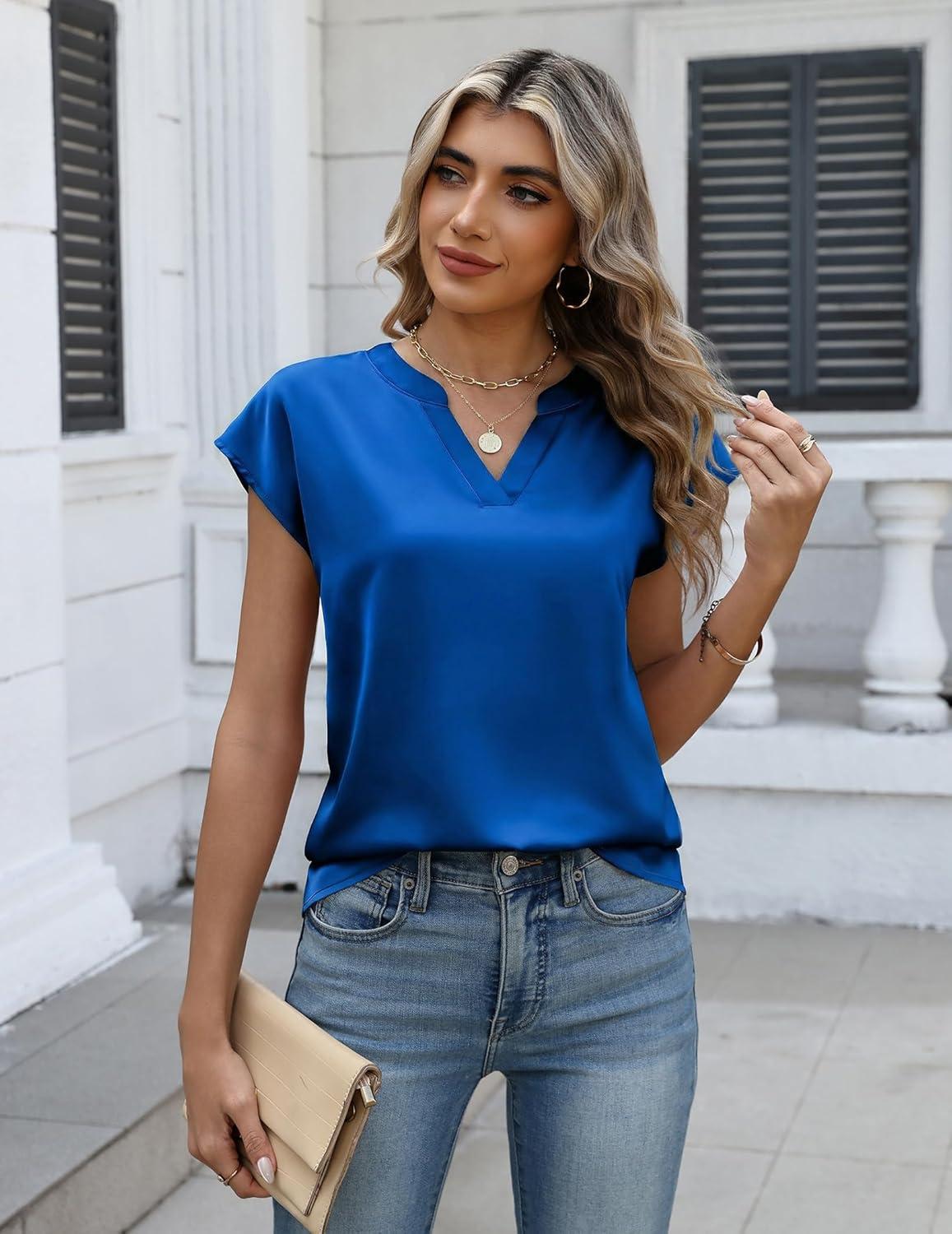 imageZeagoo Women Tops Silk Satin Blouses V Neck Summer Shirts Cap Sleeve Business Casual Dressy Spring ClothingBlue