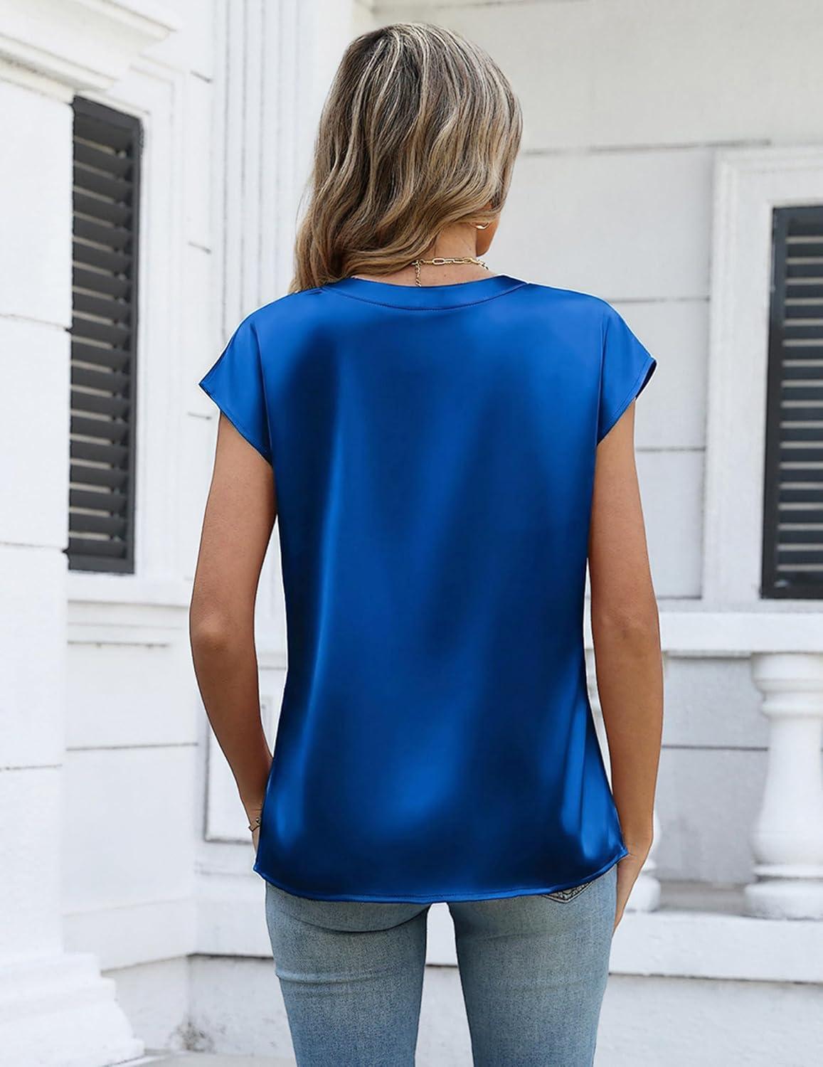 imageZeagoo Women Tops Silk Satin Blouses V Neck Summer Shirts Cap Sleeve Business Casual Dressy Spring ClothingBlue