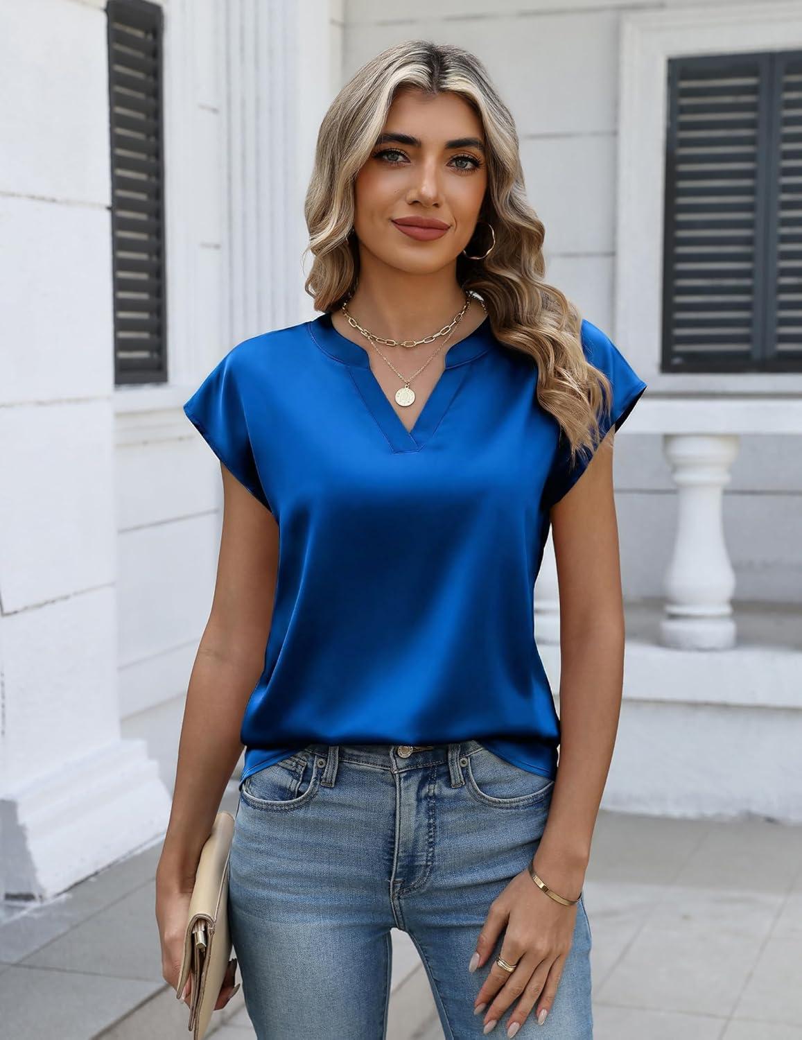 imageZeagoo Women Tops Silk Satin Blouses V Neck Summer Shirts Cap Sleeve Business Casual Dressy Spring ClothingBlue