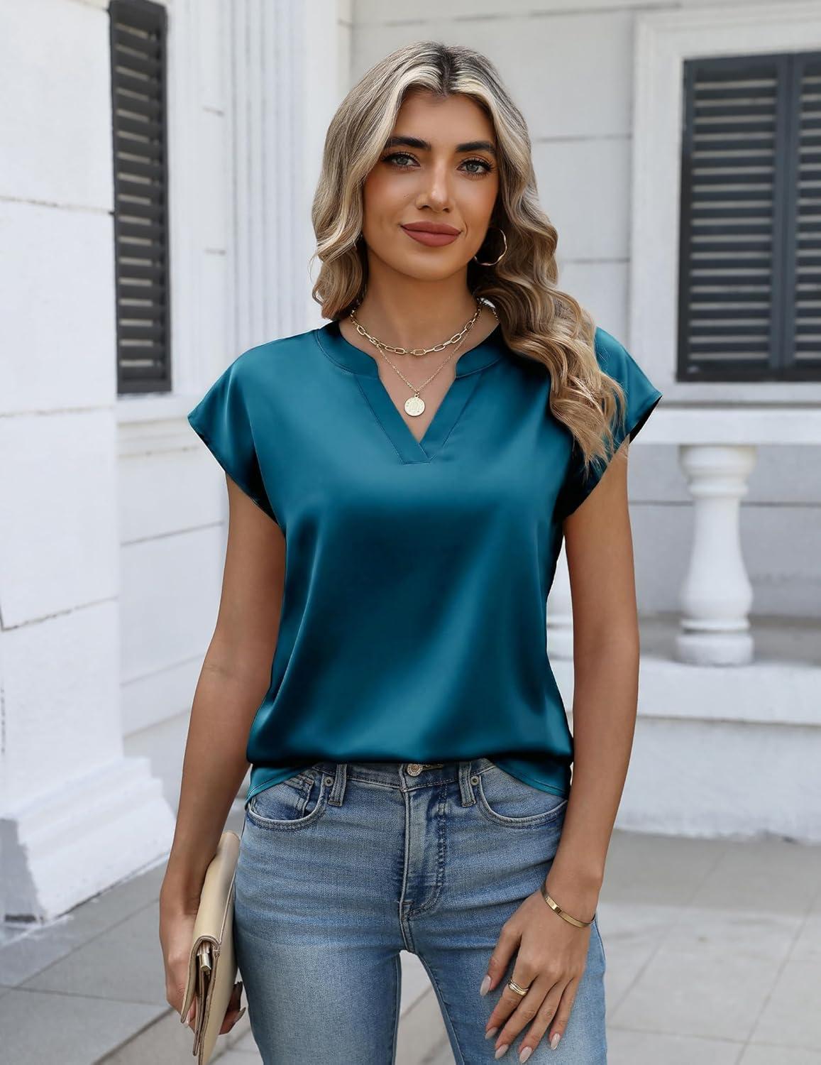imageZeagoo Women Tops Silk Satin Blouses V Neck Summer Shirts Cap Sleeve Business Casual Dressy Spring ClothingBlue Green