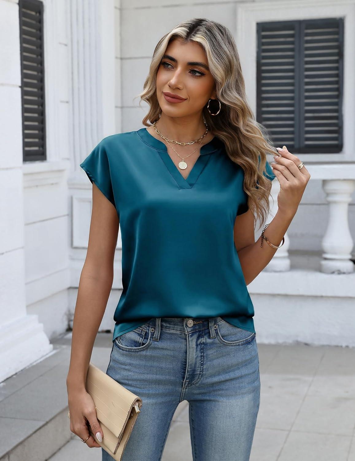 imageZeagoo Women Tops Silk Satin Blouses V Neck Summer Shirts Cap Sleeve Business Casual Dressy Spring ClothingBlue Green