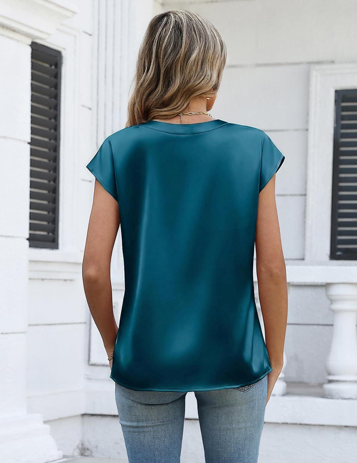 imageZeagoo Women Tops Silk Satin Blouses V Neck Summer Shirts Cap Sleeve Business Casual Dressy Spring ClothingBlue Green