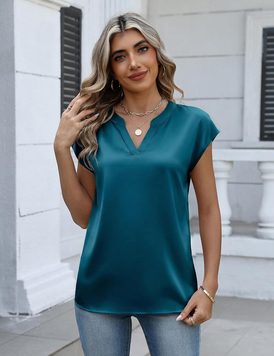 imageZeagoo Women Tops Silk Satin Blouses V Neck Summer Shirts Cap Sleeve Business Casual Dressy Spring ClothingBlue Green