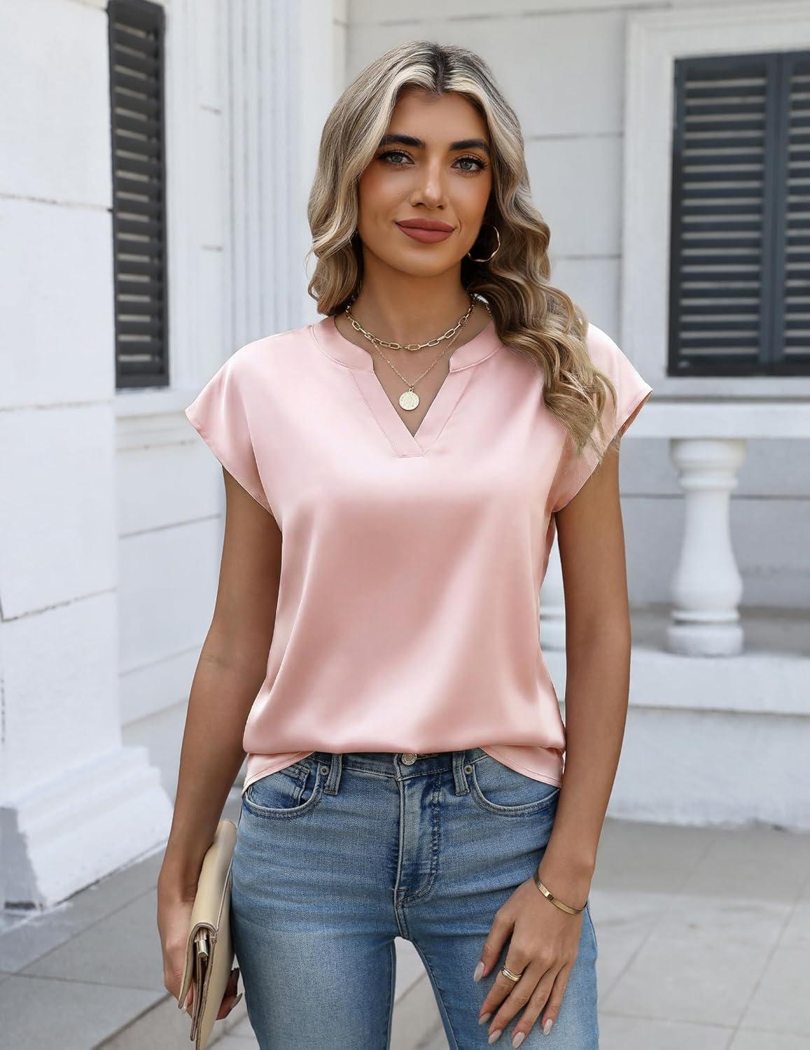 imageZeagoo Women Tops Silk Satin Blouses V Neck Summer Shirts Cap Sleeve Business Casual Dressy Spring ClothingChampagne