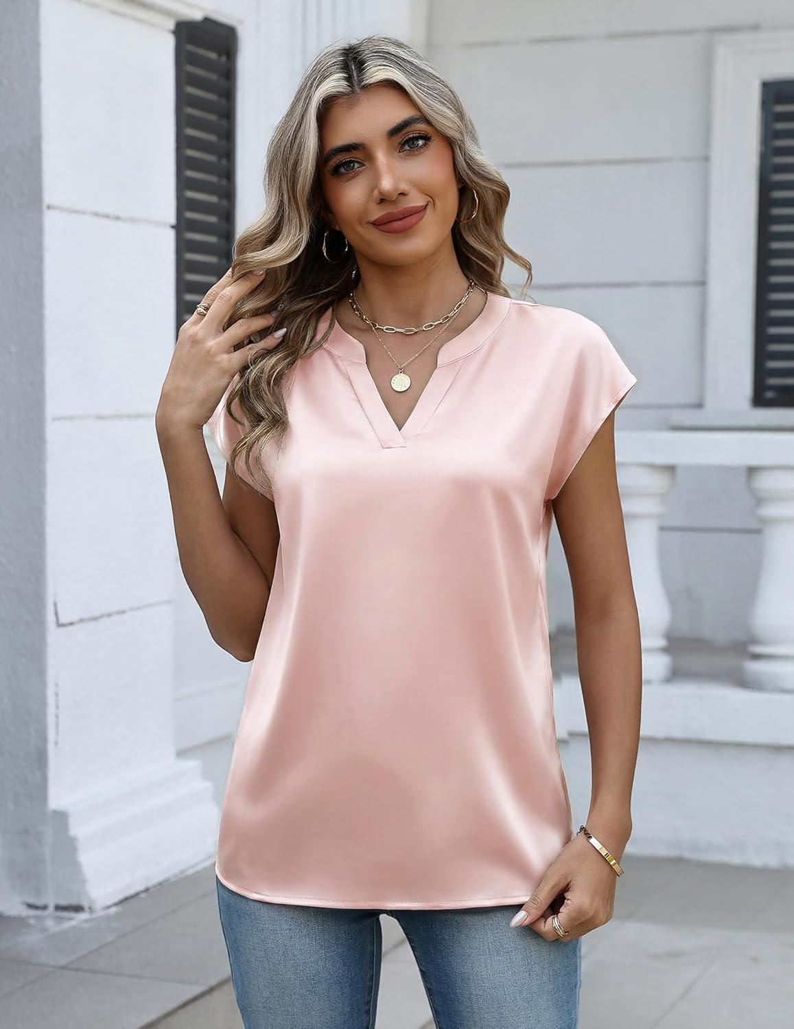 imageZeagoo Women Tops Silk Satin Blouses V Neck Summer Shirts Cap Sleeve Business Casual Dressy Spring ClothingChampagne