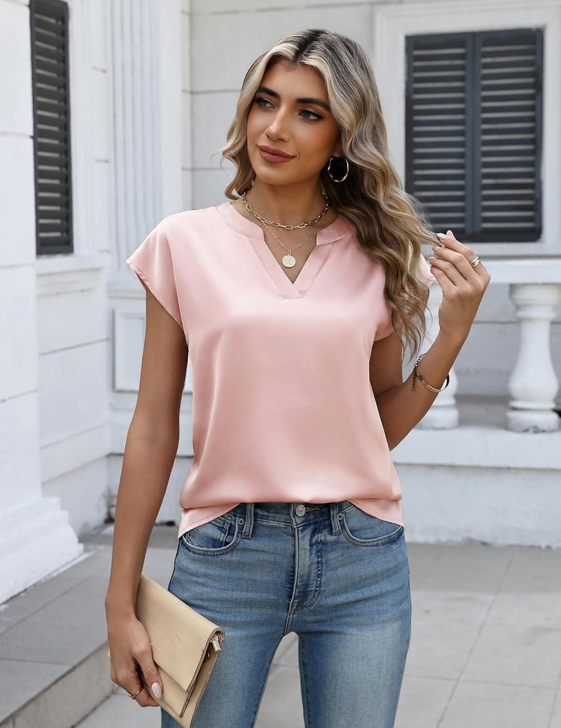 imageZeagoo Women Tops Silk Satin Blouses V Neck Summer Shirts Cap Sleeve Business Casual Dressy Spring ClothingChampagne