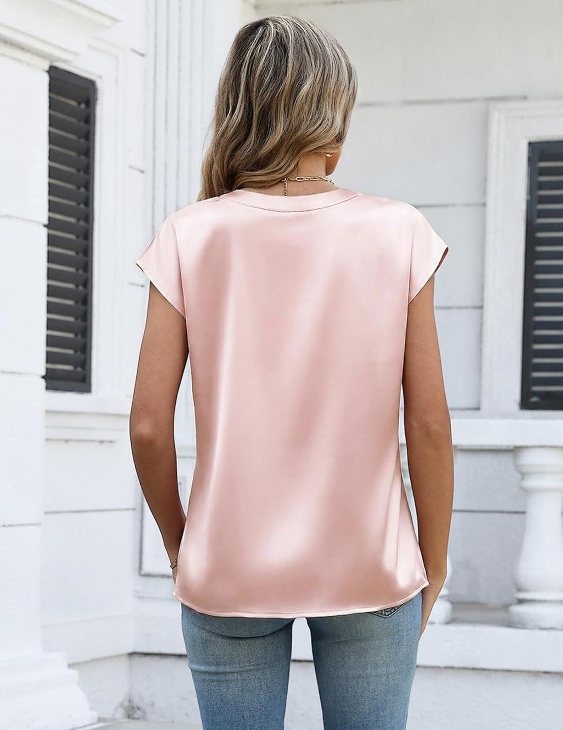 imageZeagoo Women Tops Silk Satin Blouses V Neck Summer Shirts Cap Sleeve Business Casual Dressy Spring ClothingChampagne