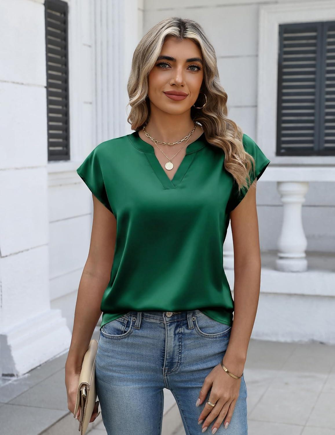 imageZeagoo Women Tops Silk Satin Blouses V Neck Summer Shirts Cap Sleeve Business Casual Dressy Spring ClothingGreen