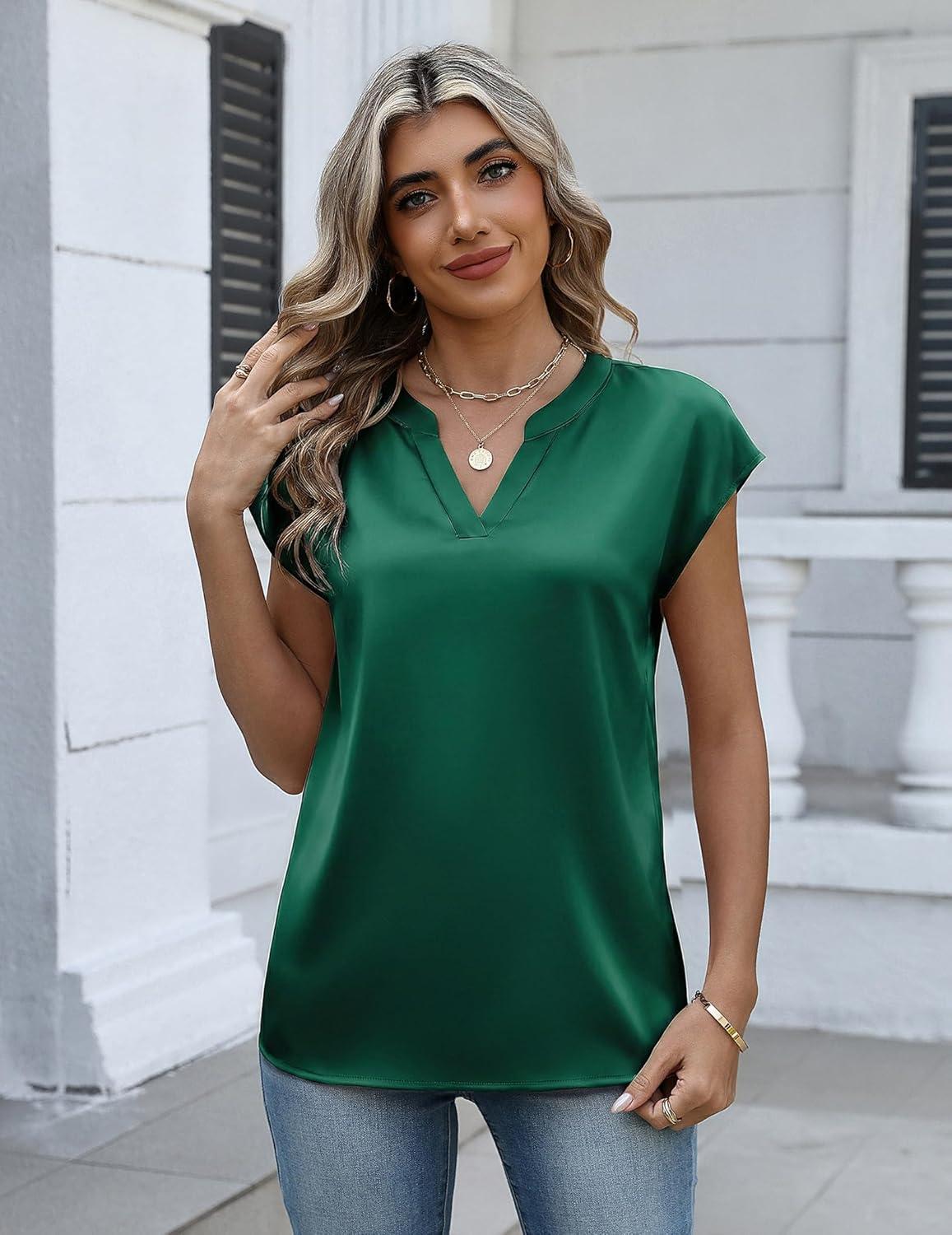 imageZeagoo Women Tops Silk Satin Blouses V Neck Summer Shirts Cap Sleeve Business Casual Dressy Spring ClothingGreen