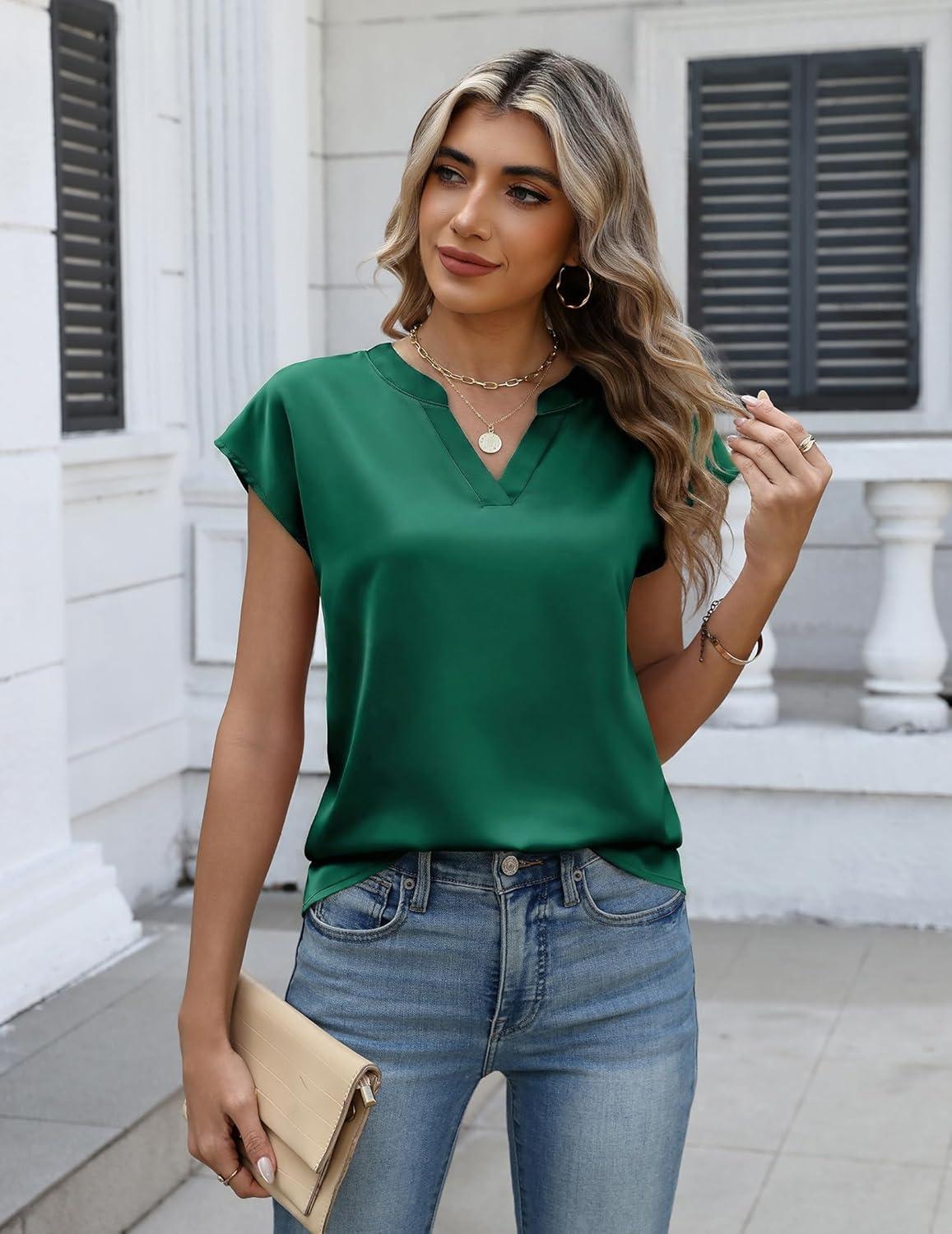 imageZeagoo Women Tops Silk Satin Blouses V Neck Summer Shirts Cap Sleeve Business Casual Dressy Spring ClothingGreen