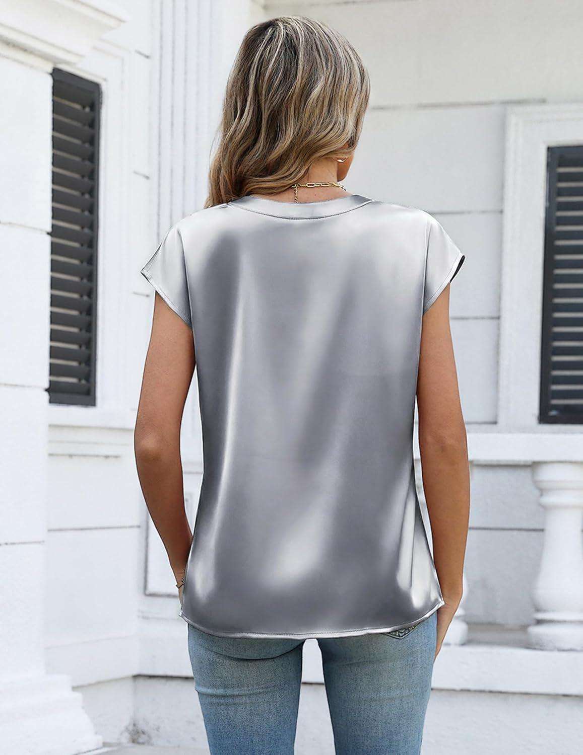 imageZeagoo Women Tops Silk Satin Blouses V Neck Summer Shirts Cap Sleeve Business Casual Dressy Spring ClothingLight Grey