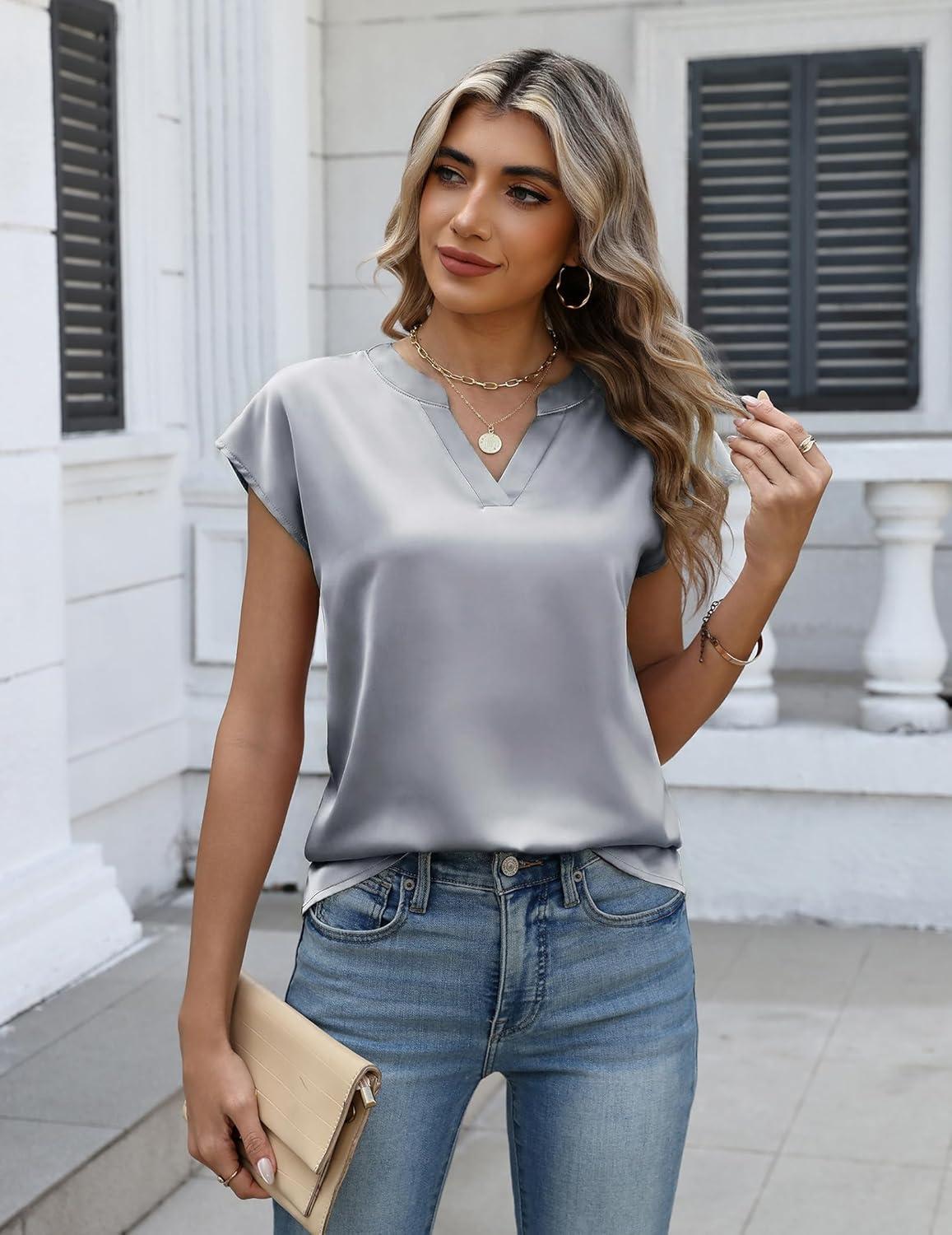 imageZeagoo Women Tops Silk Satin Blouses V Neck Summer Shirts Cap Sleeve Business Casual Dressy Spring ClothingLight Grey