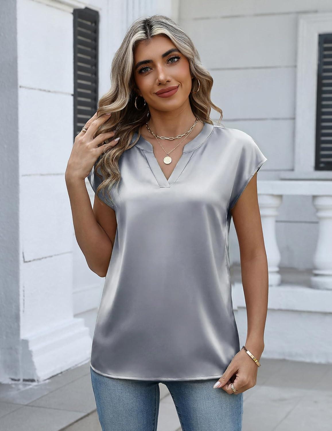 imageZeagoo Women Tops Silk Satin Blouses V Neck Summer Shirts Cap Sleeve Business Casual Dressy Spring ClothingLight Grey