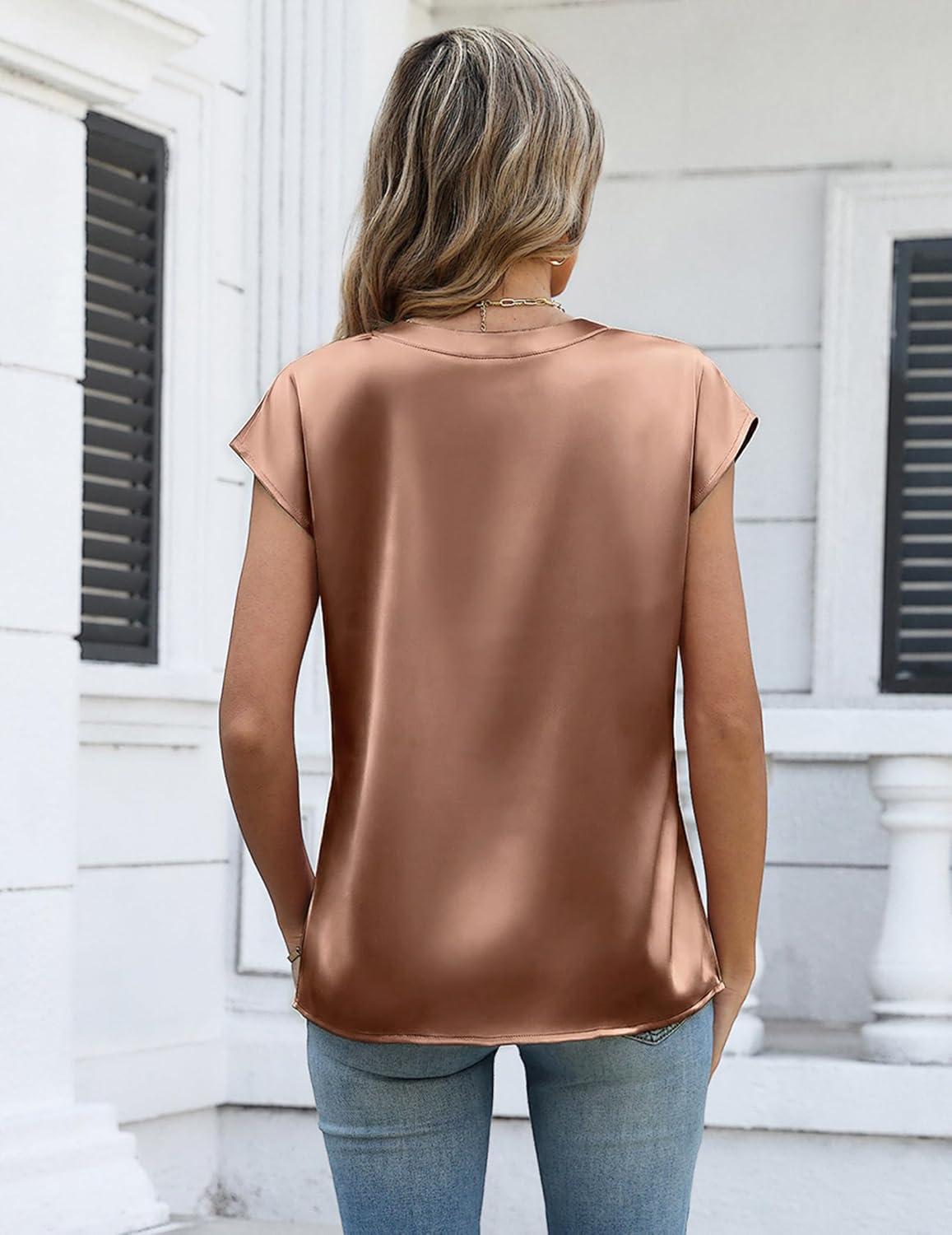 imageZeagoo Women Tops Silk Satin Blouses V Neck Summer Shirts Cap Sleeve Business Casual Dressy Spring ClothingLight Khaki