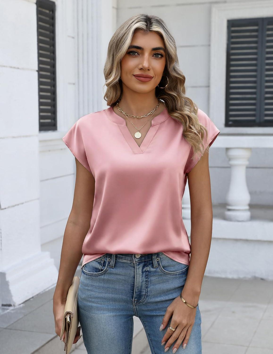 imageZeagoo Women Tops Silk Satin Blouses V Neck Summer Shirts Cap Sleeve Business Casual Dressy Spring ClothingPink