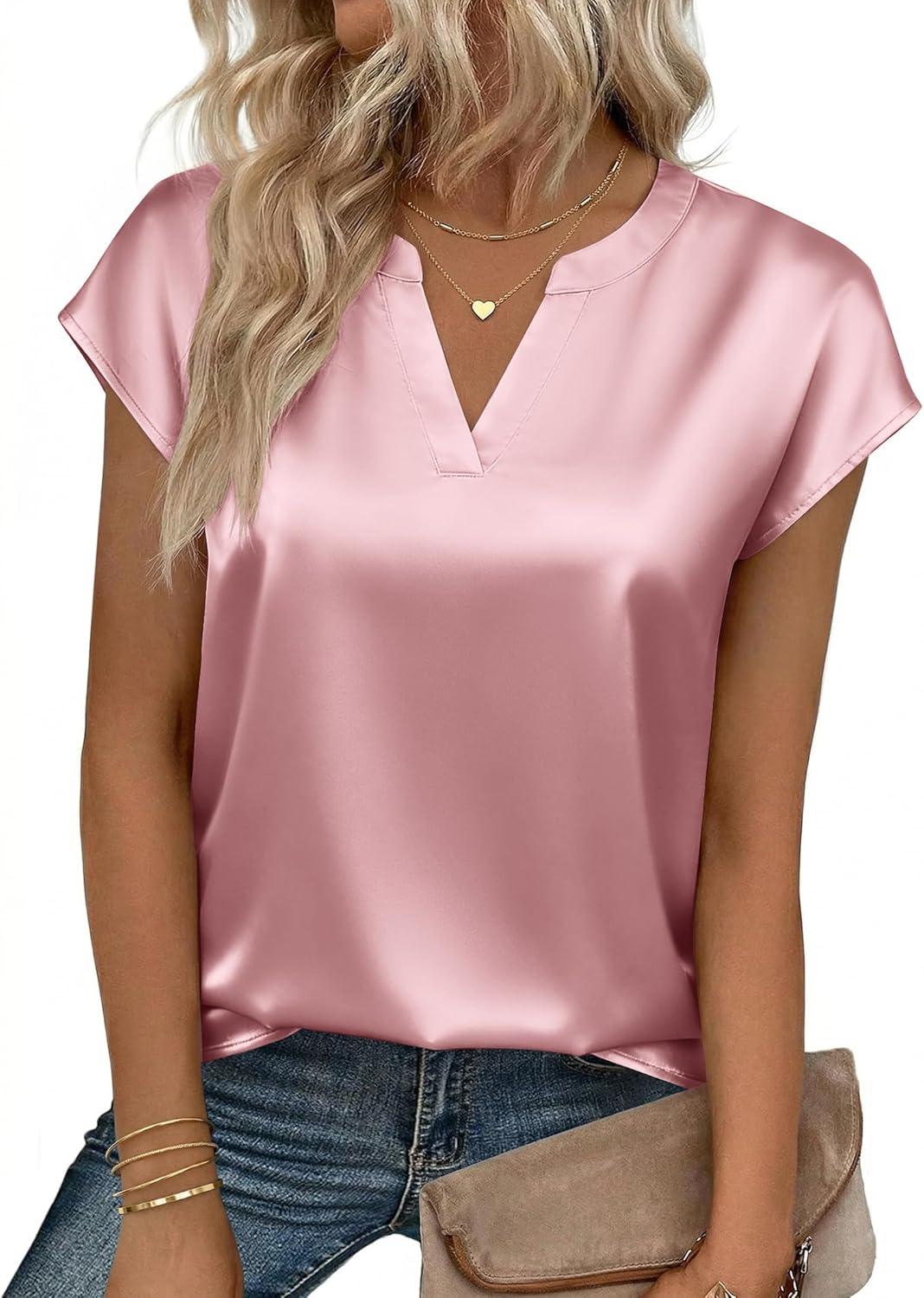 imageZeagoo Women Tops Silk Satin Blouses V Neck Summer Shirts Cap Sleeve Business Casual Dressy Spring ClothingPink