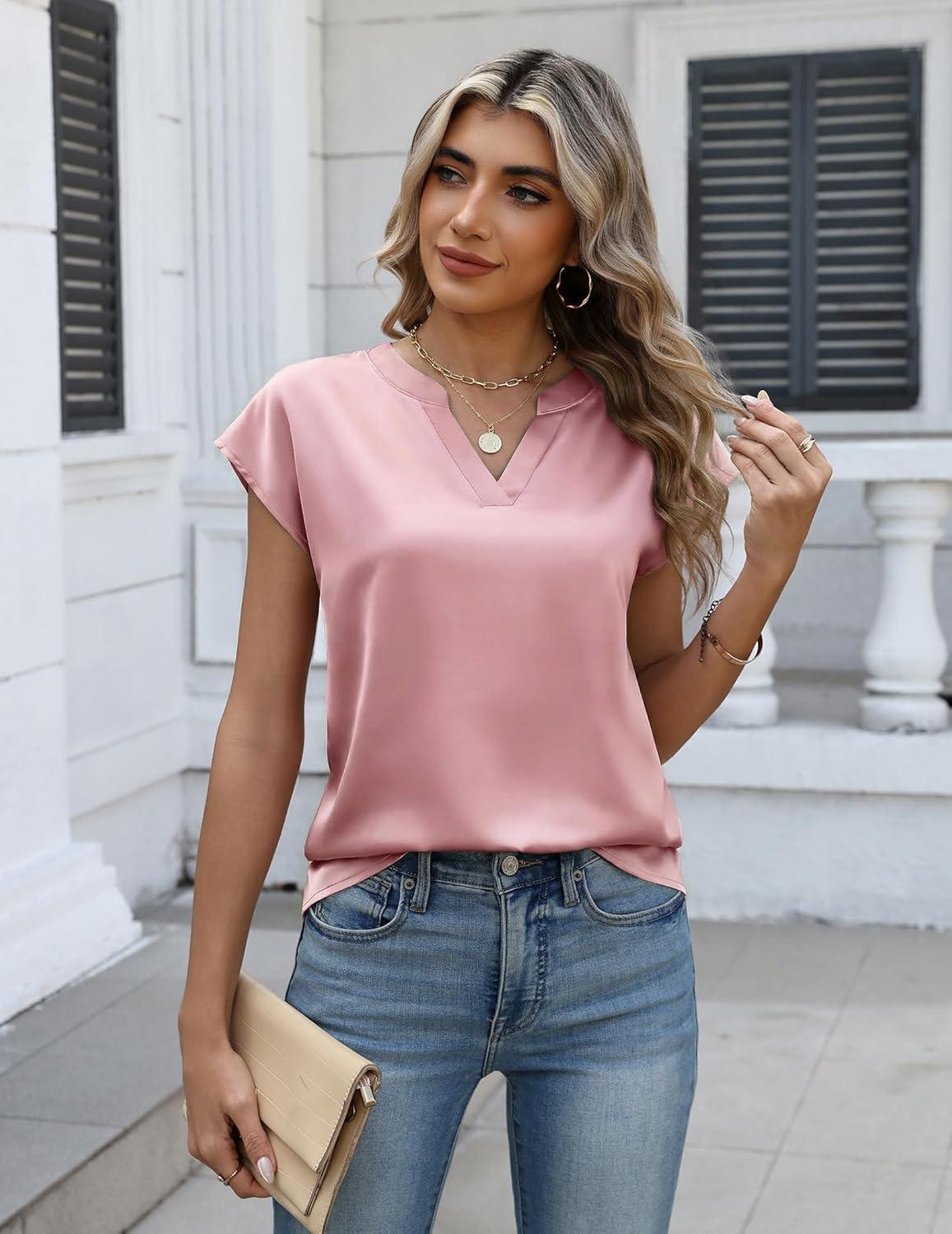 imageZeagoo Women Tops Silk Satin Blouses V Neck Summer Shirts Cap Sleeve Business Casual Dressy Spring ClothingPink