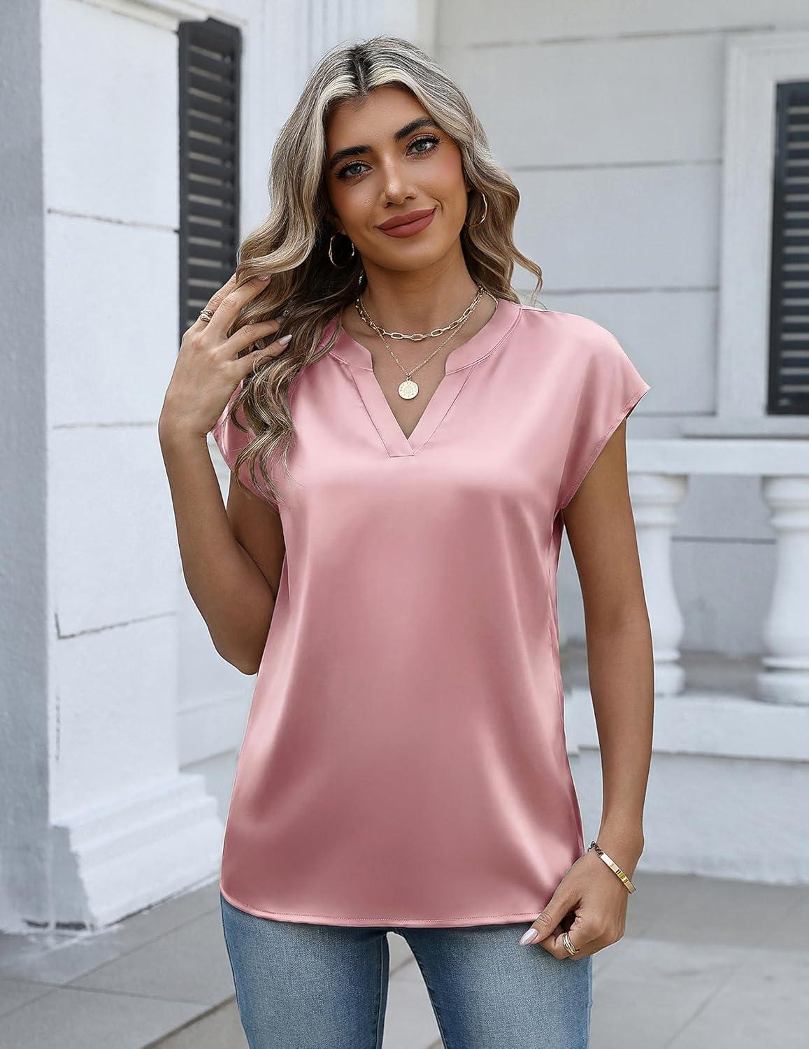 imageZeagoo Women Tops Silk Satin Blouses V Neck Summer Shirts Cap Sleeve Business Casual Dressy Spring ClothingPink