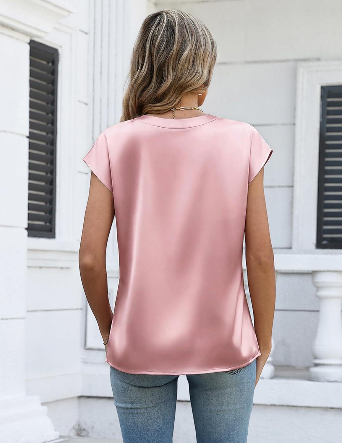 imageZeagoo Women Tops Silk Satin Blouses V Neck Summer Shirts Cap Sleeve Business Casual Dressy Spring ClothingPink