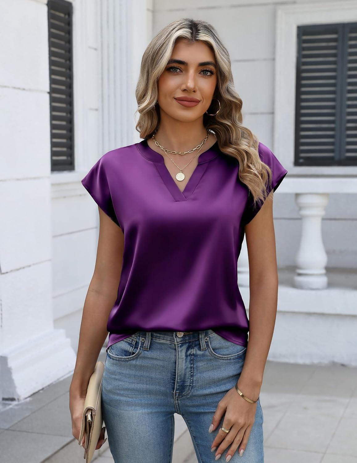 imageZeagoo Women Tops Silk Satin Blouses V Neck Summer Shirts Cap Sleeve Business Casual Dressy Spring ClothingPurple