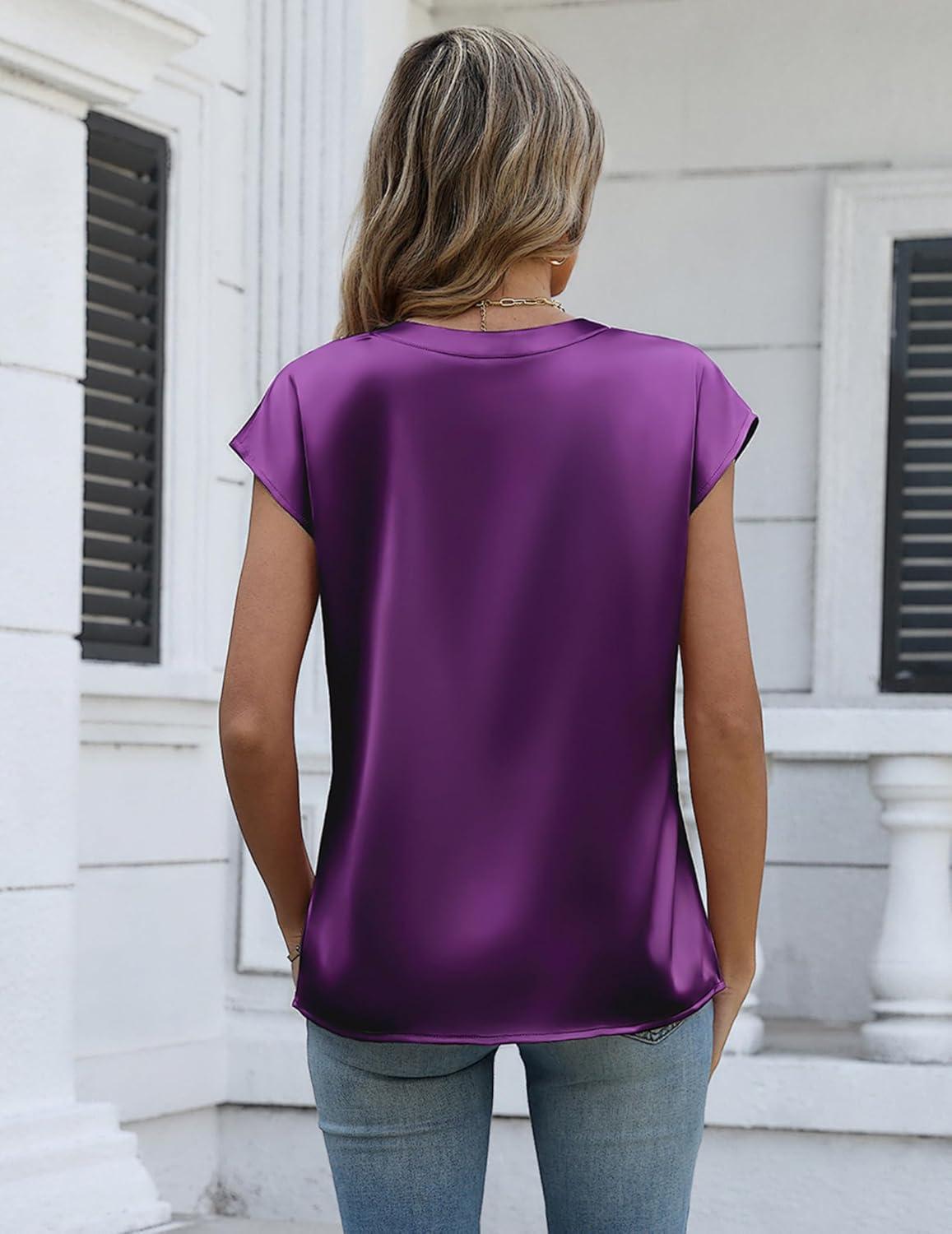 imageZeagoo Women Tops Silk Satin Blouses V Neck Summer Shirts Cap Sleeve Business Casual Dressy Spring ClothingPurple