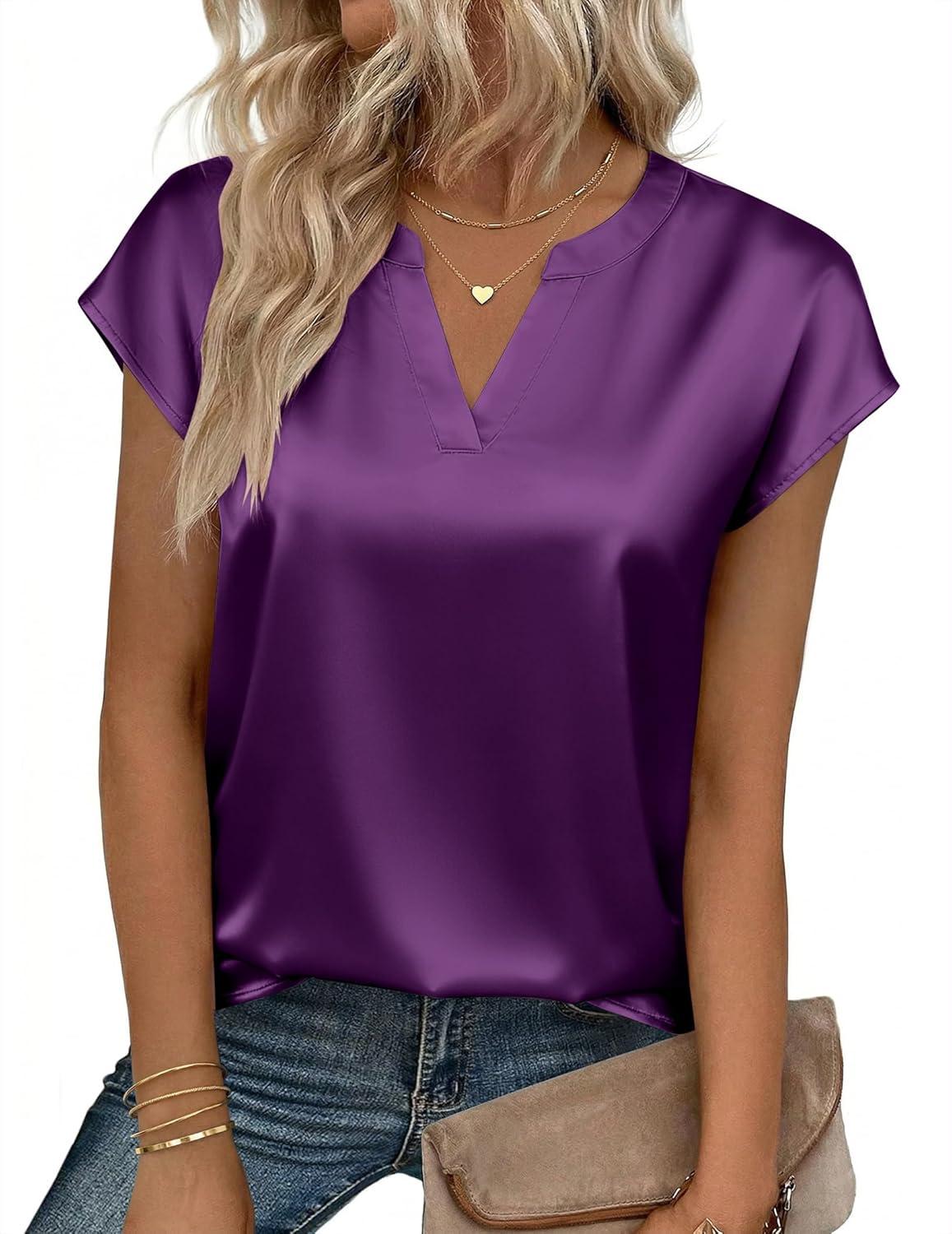 imageZeagoo Women Tops Silk Satin Blouses V Neck Summer Shirts Cap Sleeve Business Casual Dressy Spring ClothingPurple