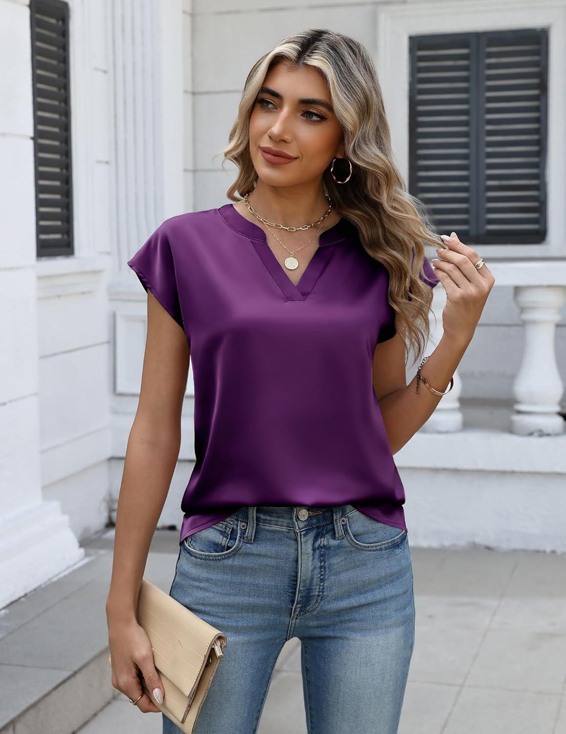 imageZeagoo Women Tops Silk Satin Blouses V Neck Summer Shirts Cap Sleeve Business Casual Dressy Spring ClothingPurple