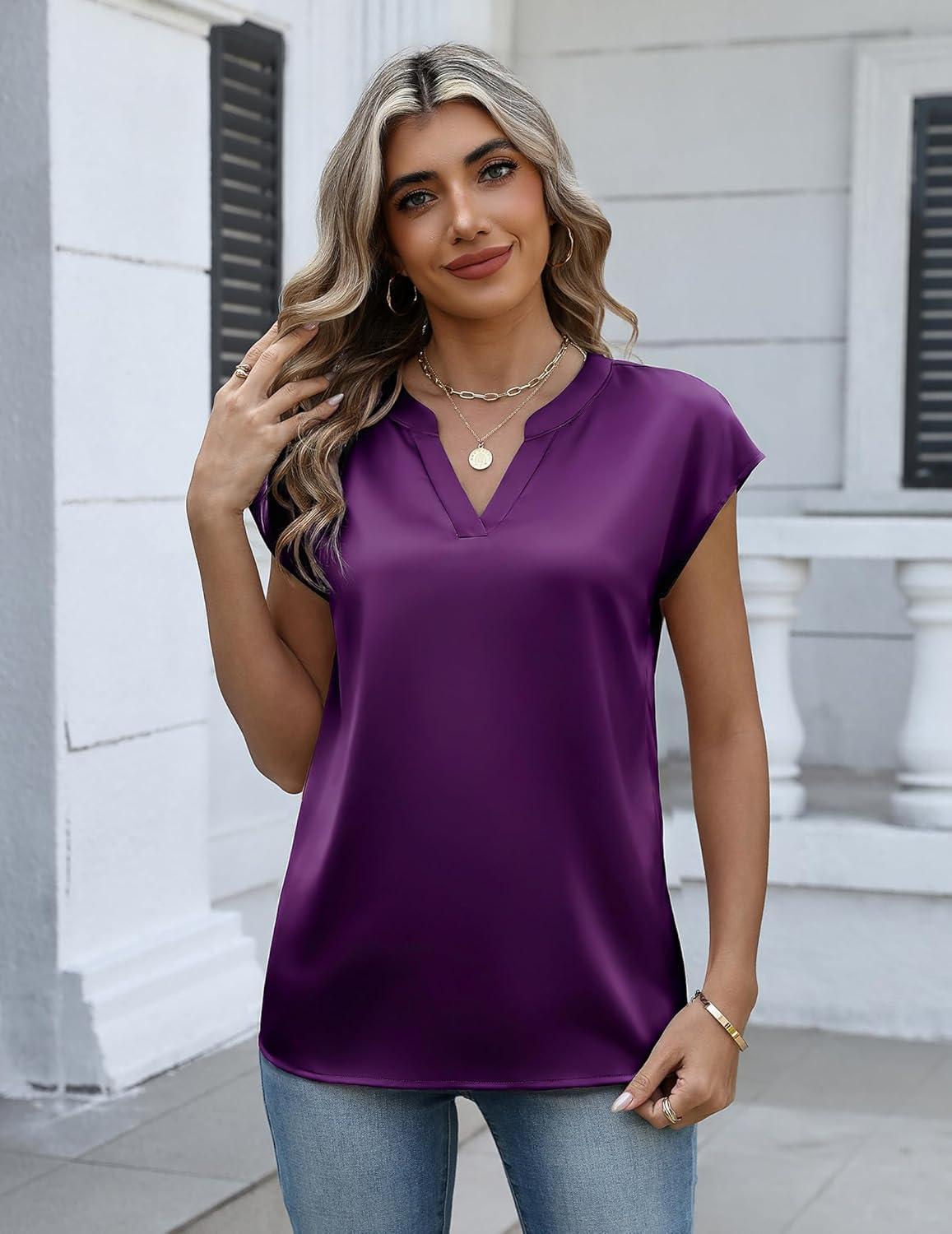 imageZeagoo Women Tops Silk Satin Blouses V Neck Summer Shirts Cap Sleeve Business Casual Dressy Spring ClothingPurple
