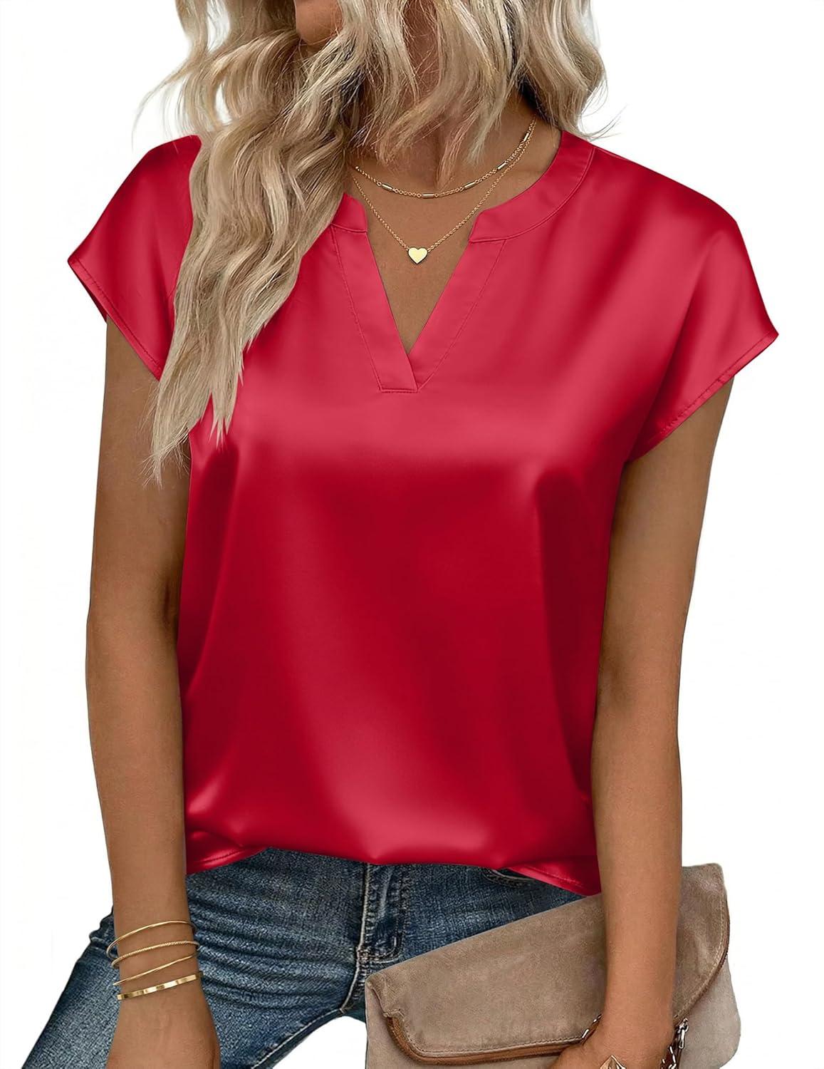 imageZeagoo Women Tops Silk Satin Blouses V Neck Summer Shirts Cap Sleeve Business Casual Dressy Spring ClothingRed
