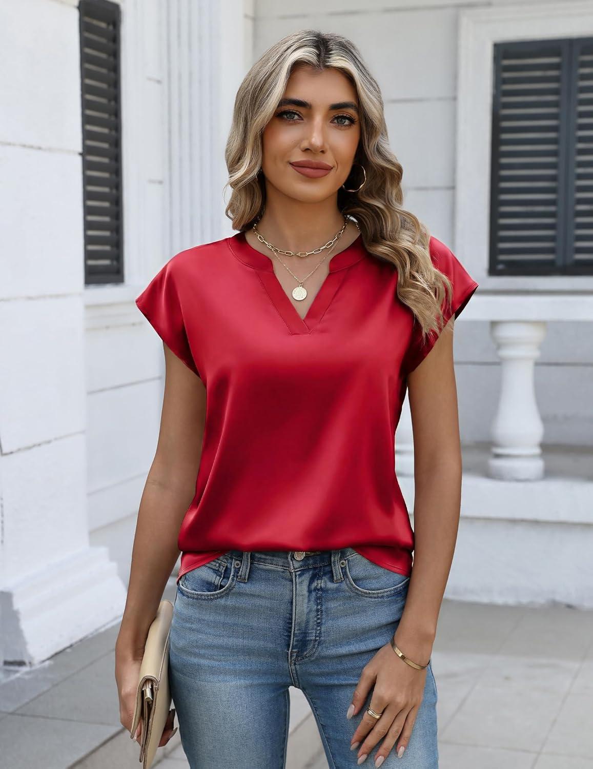 imageZeagoo Women Tops Silk Satin Blouses V Neck Summer Shirts Cap Sleeve Business Casual Dressy Spring ClothingRed