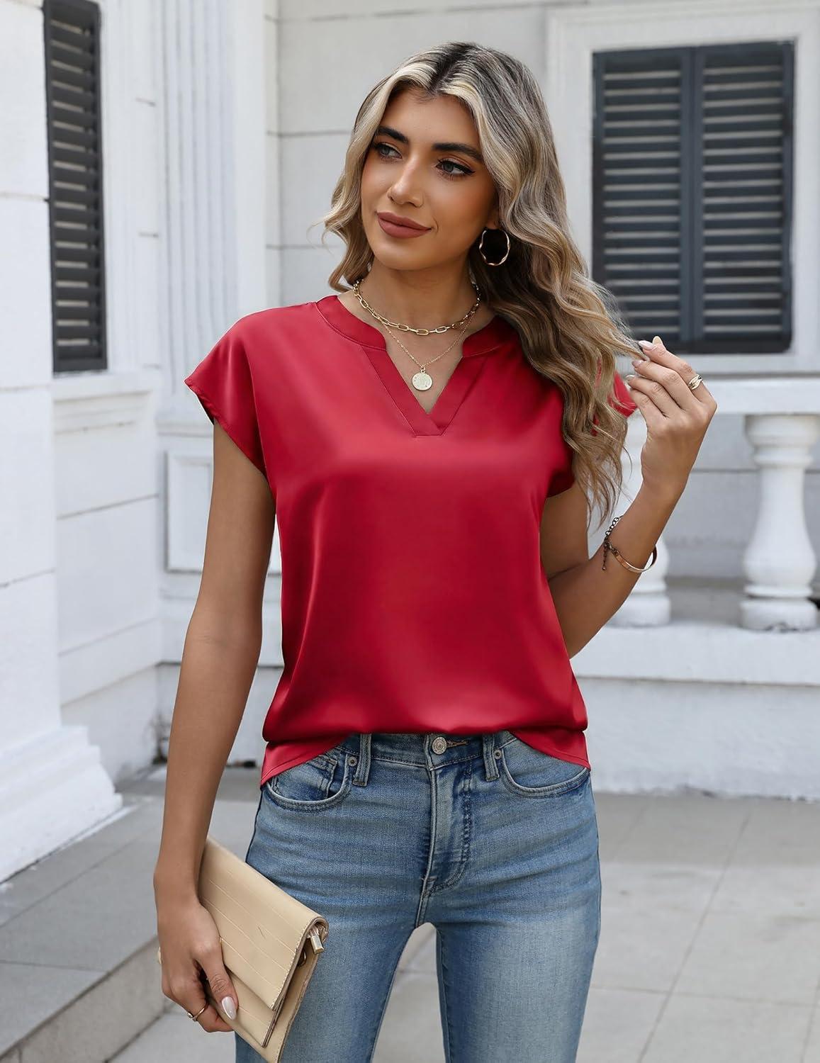 imageZeagoo Women Tops Silk Satin Blouses V Neck Summer Shirts Cap Sleeve Business Casual Dressy Spring ClothingRed