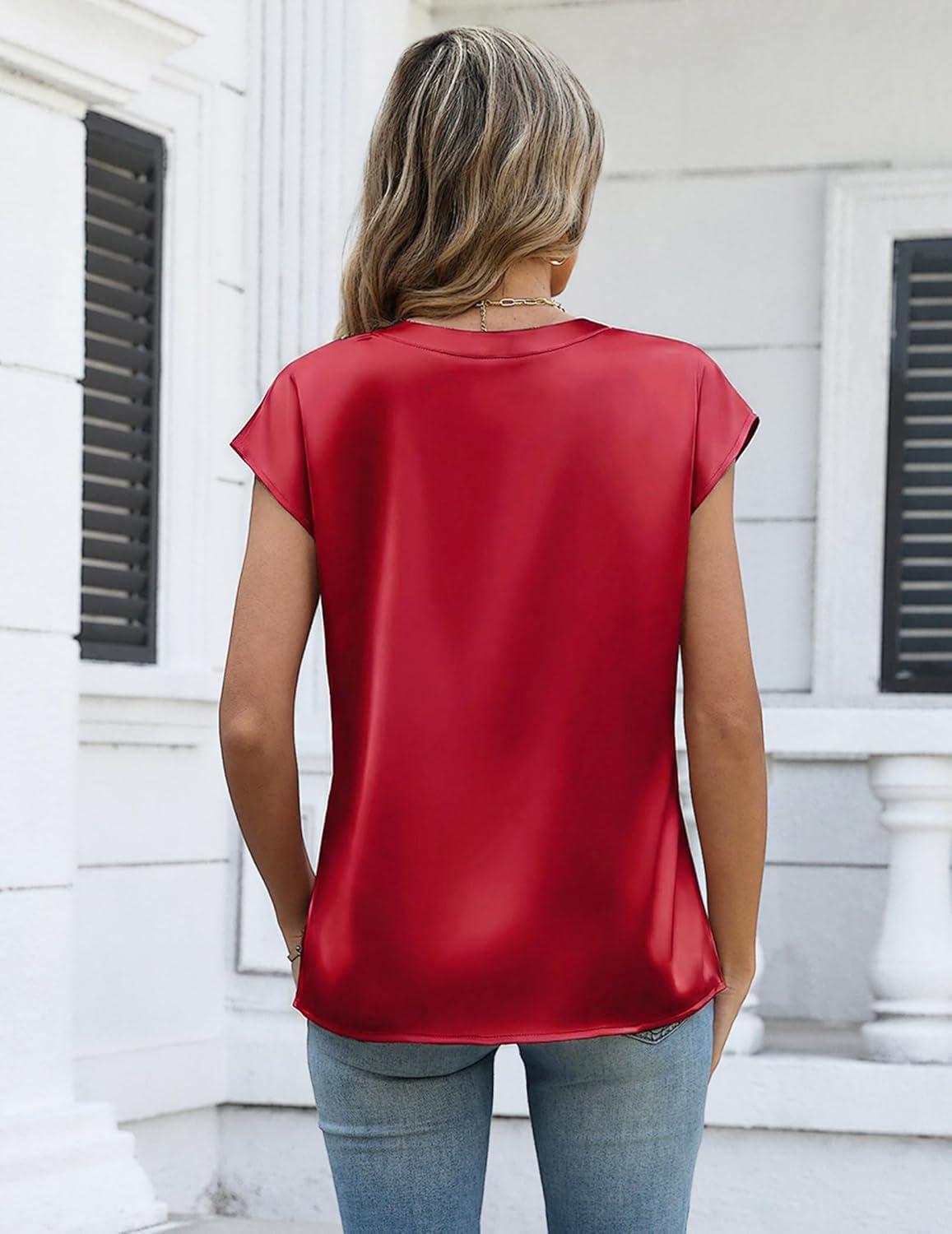 imageZeagoo Women Tops Silk Satin Blouses V Neck Summer Shirts Cap Sleeve Business Casual Dressy Spring ClothingRed