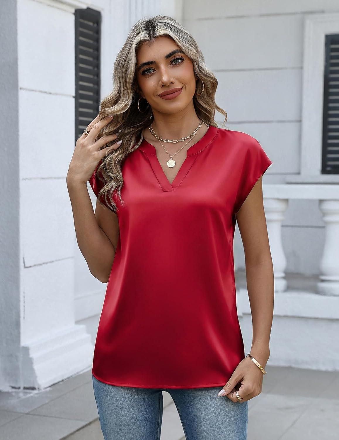 imageZeagoo Women Tops Silk Satin Blouses V Neck Summer Shirts Cap Sleeve Business Casual Dressy Spring ClothingRed
