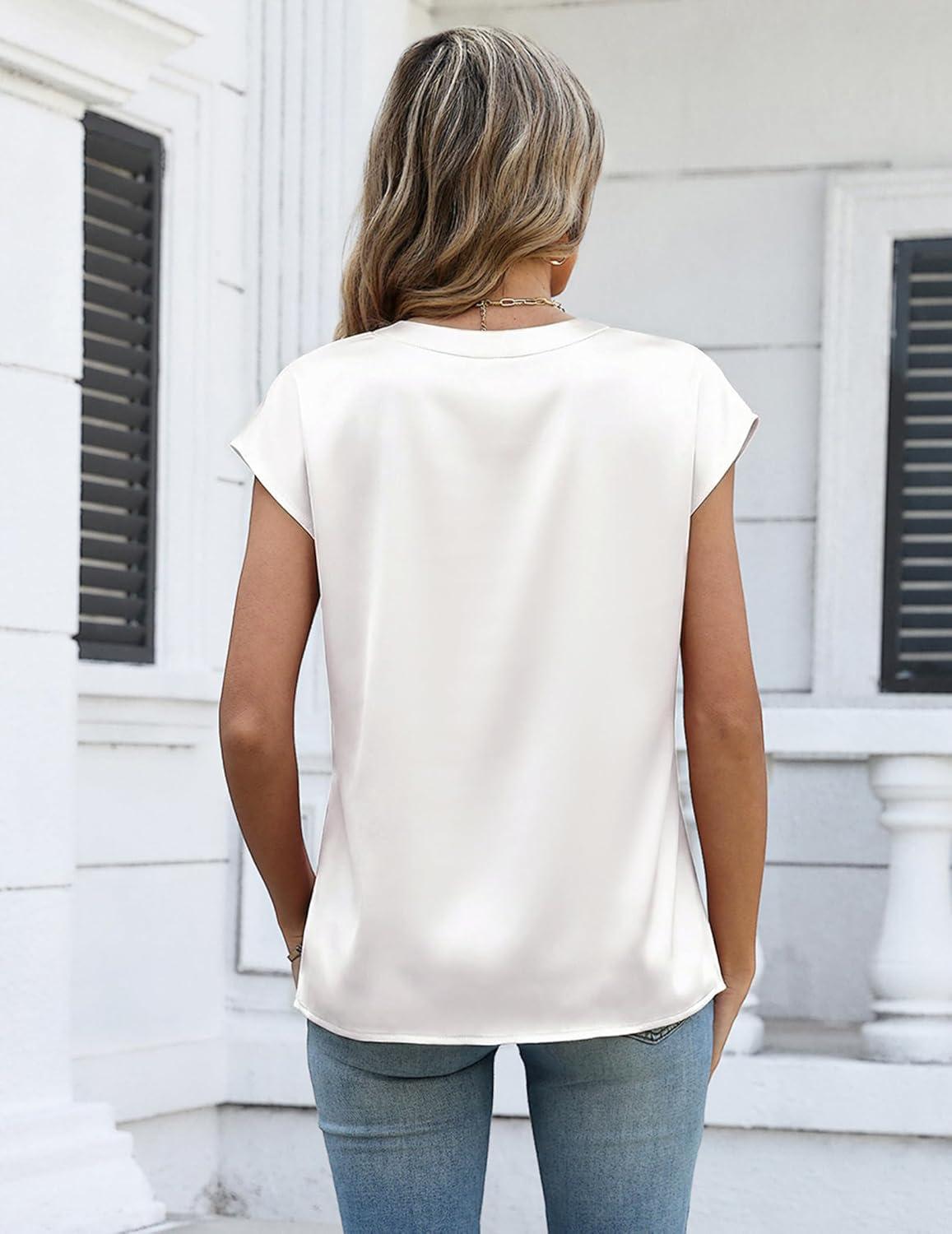 imageZeagoo Women Tops Silk Satin Blouses V Neck Summer Shirts Cap Sleeve Business Casual Dressy Spring ClothingWhite