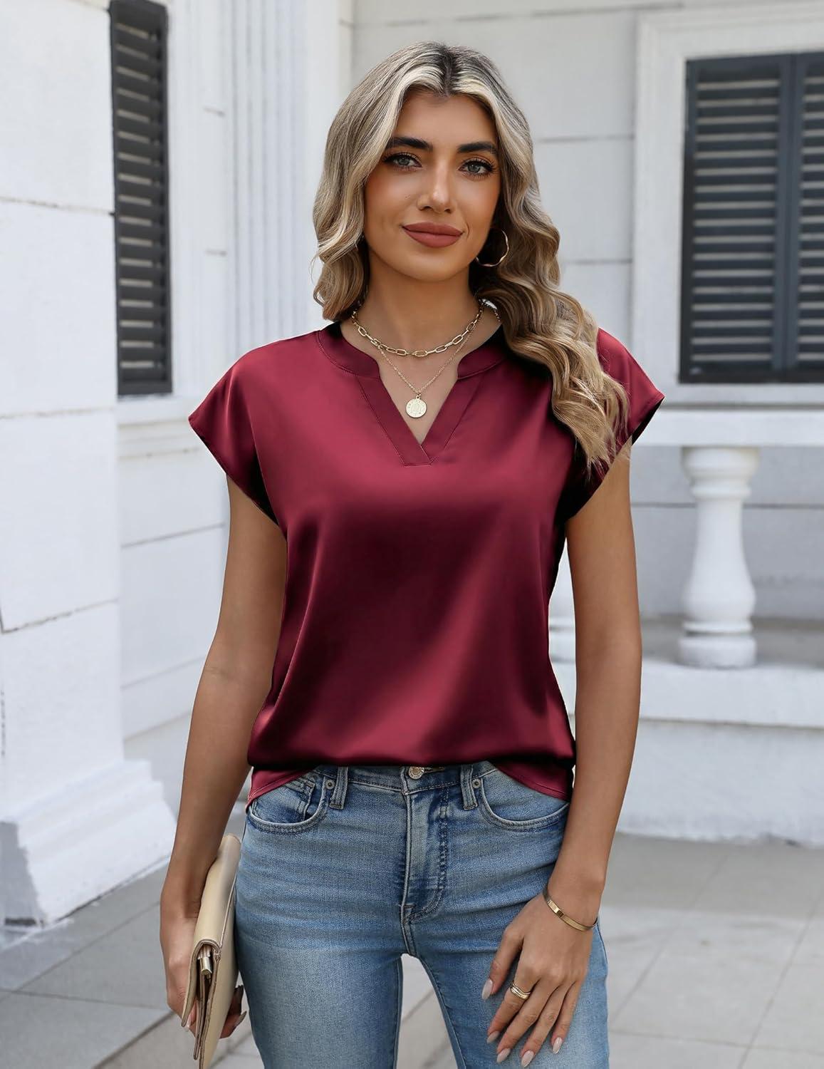 imageZeagoo Women Tops Silk Satin Blouses V Neck Summer Shirts Cap Sleeve Business Casual Dressy Spring ClothingWine Red